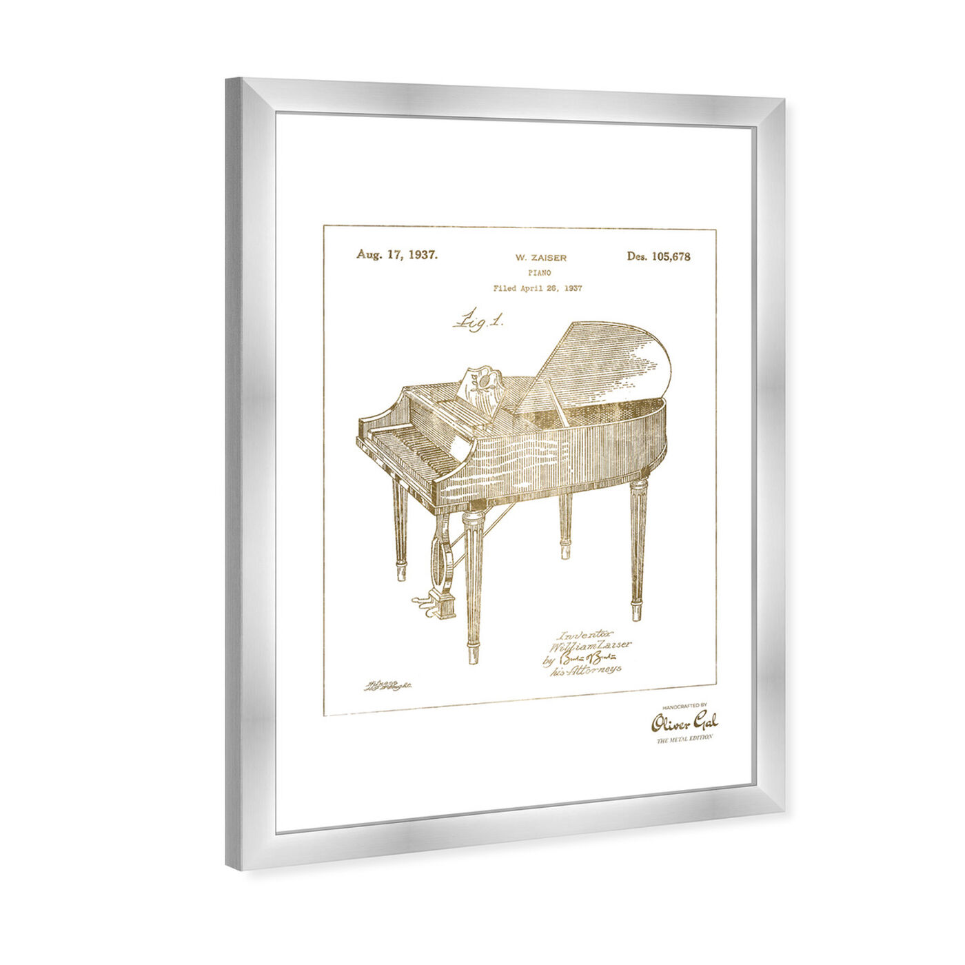 Angled view of Piano 1937 Gold featuring music and dance and music instruments art.