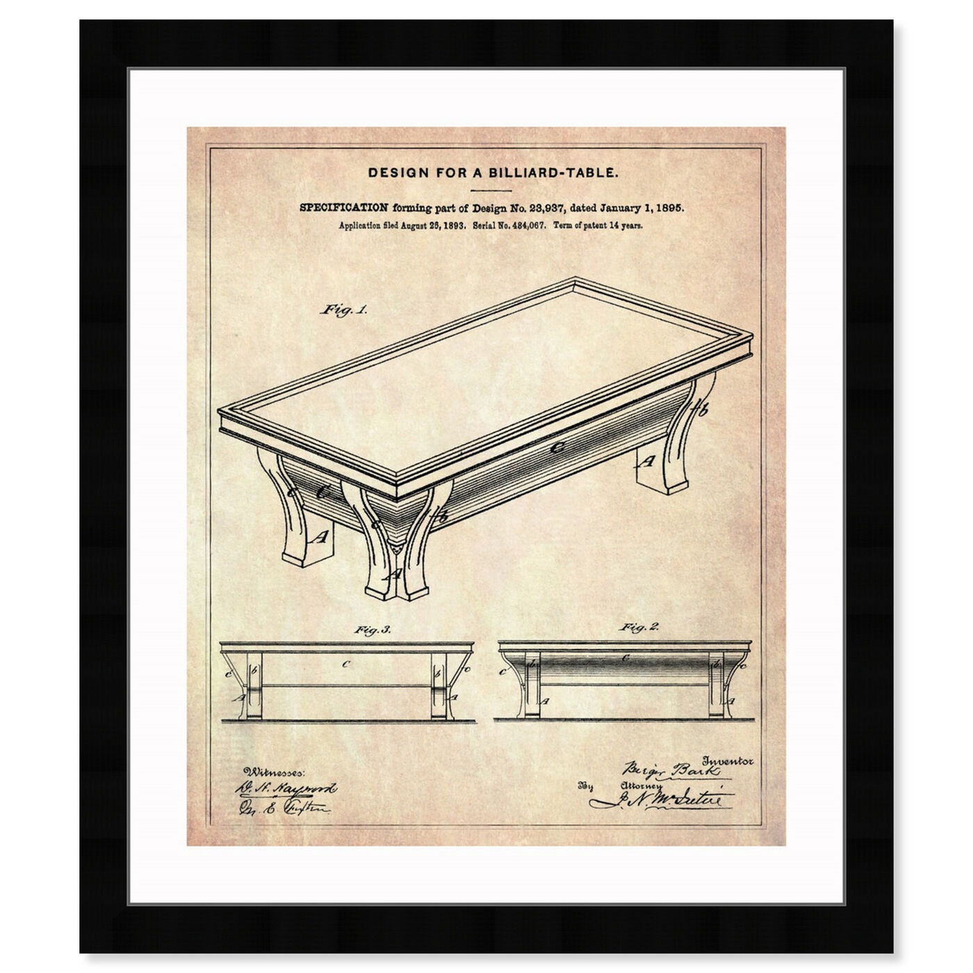 Front view of Design for a Billiard-Table 1895 featuring entertainment and hobbies and billiards art.