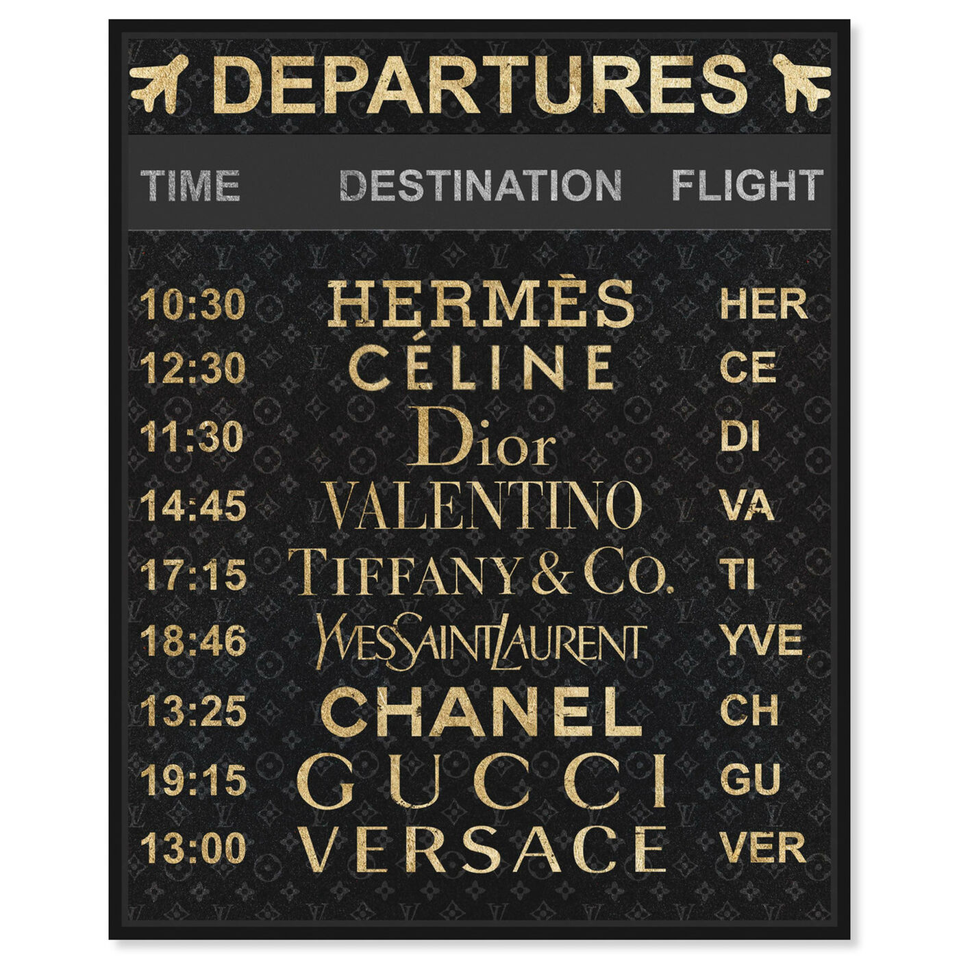 Front view of Luxe Departures featuring fashion and glam and travel essentials art.