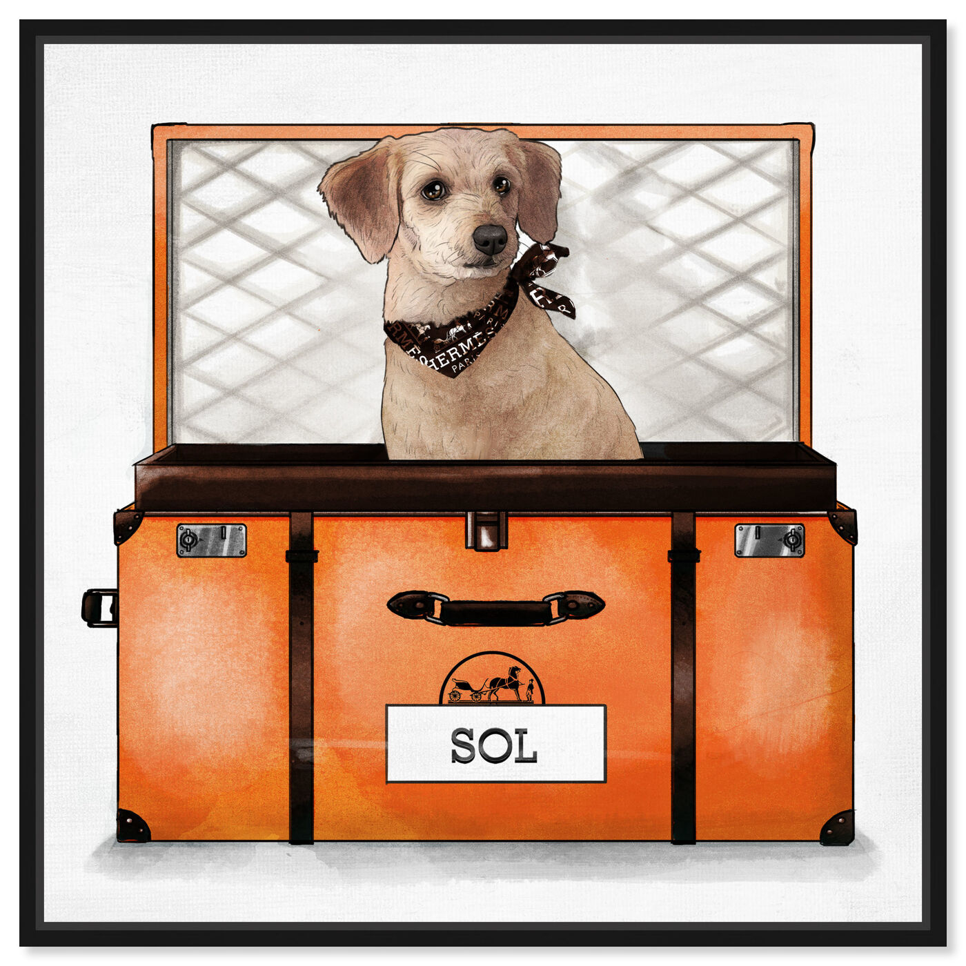 Front view of Orange Traveler featuring animals and dogs and puppies art.