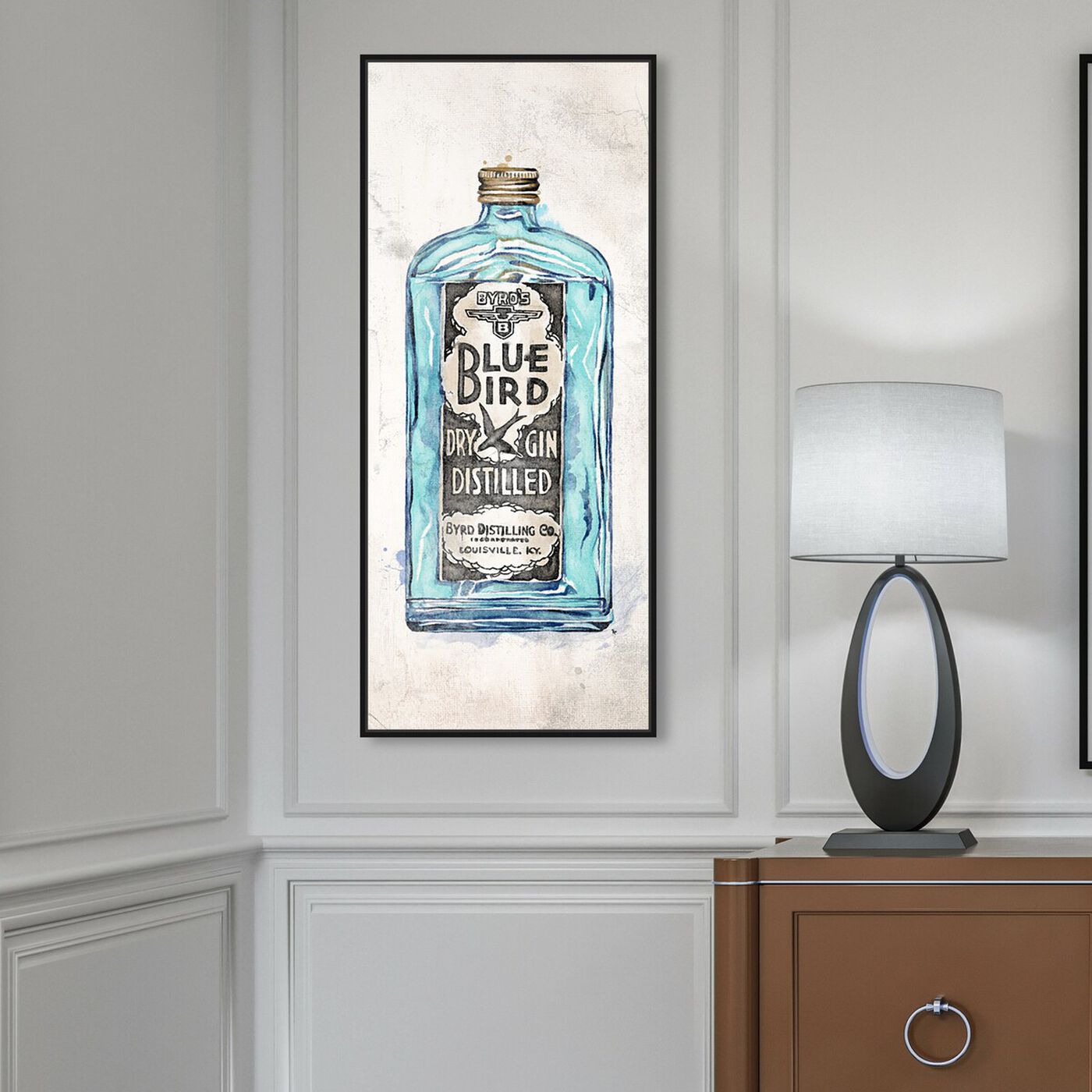 Hanging view of Blue Bird Gin featuring drinks and spirits and liquor art.