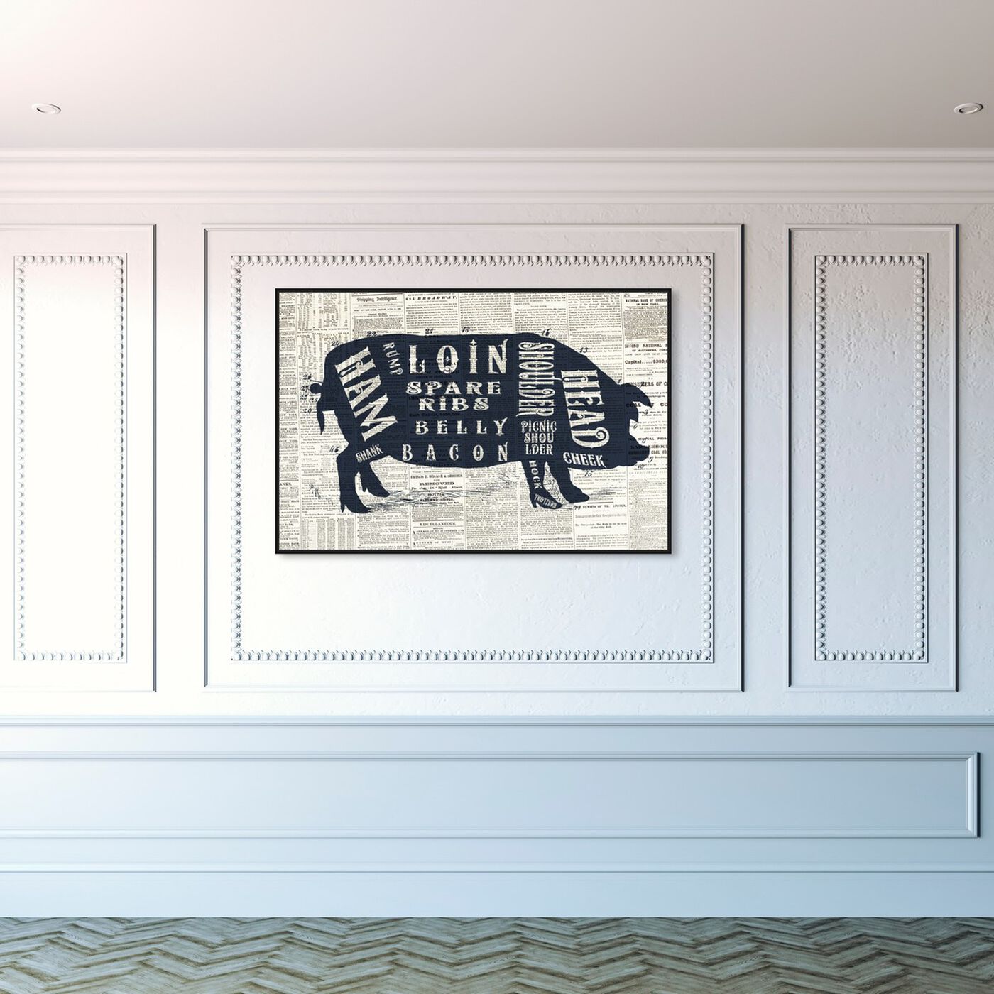 Hanging view of Pork Butcher Cuts Chart featuring animals and farm animals art.