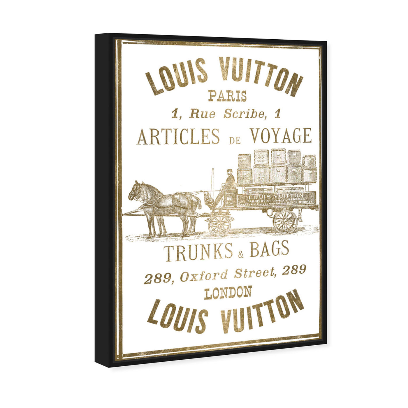 Angled view of Articles de Voyage in Gold featuring fashion and glam and road signs art.