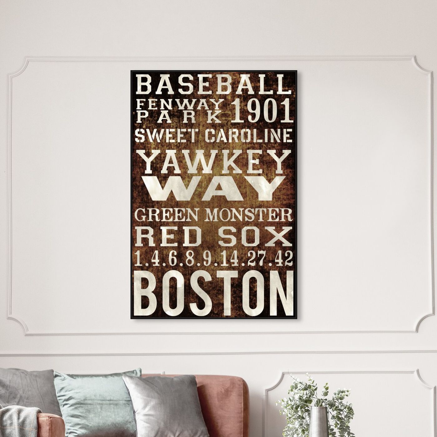 Hanging view of Boston Red Sox featuring advertising and publications art.