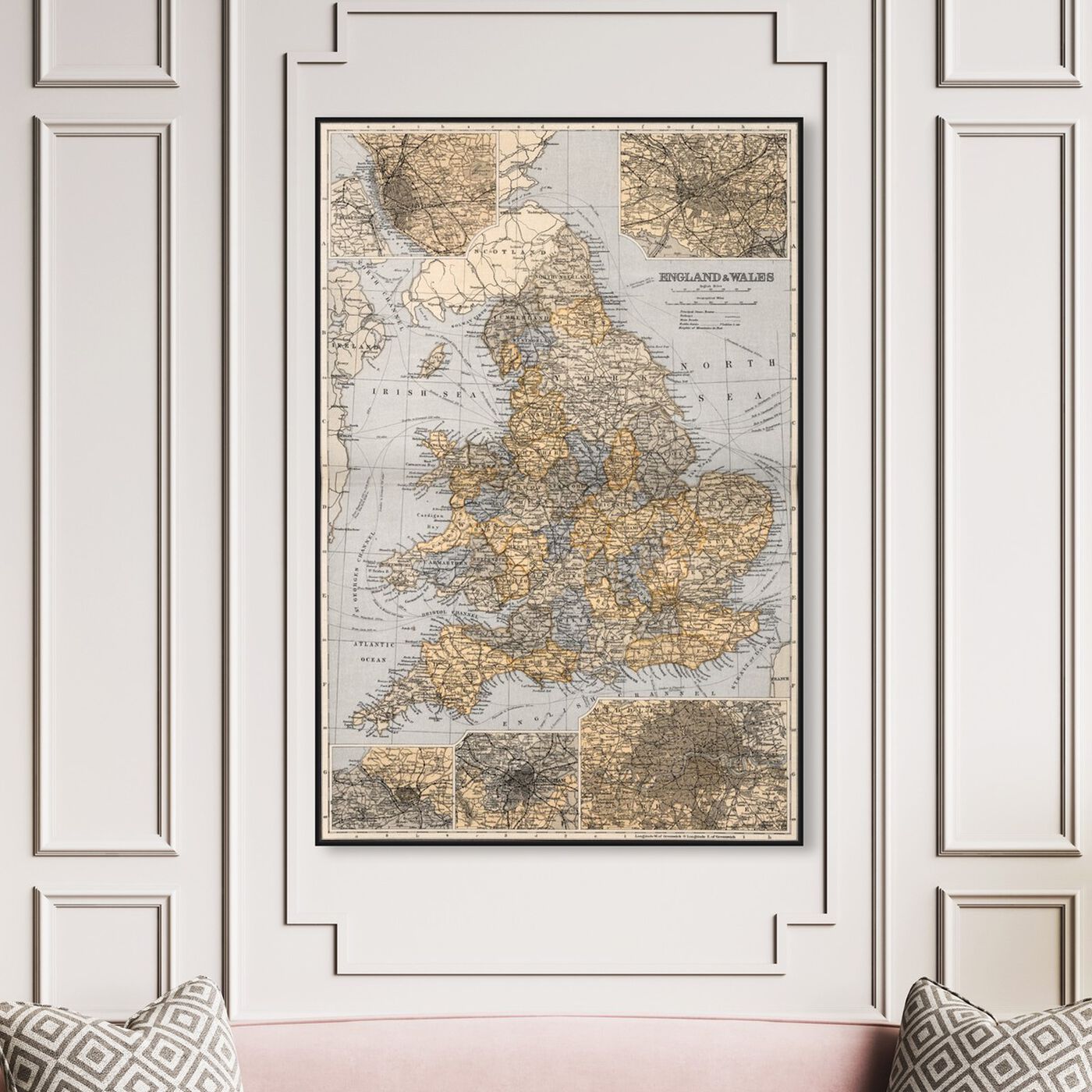 Hanging view of England and Wales 1892 Map featuring maps and flags and european countries maps art.