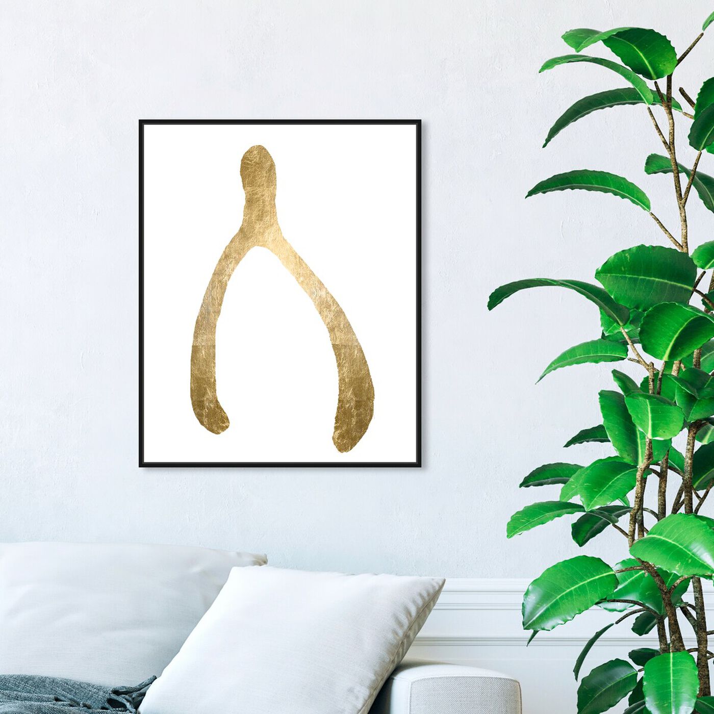 Hanging view of Wishbone Gold Foil featuring symbols and objects and symbols art.
