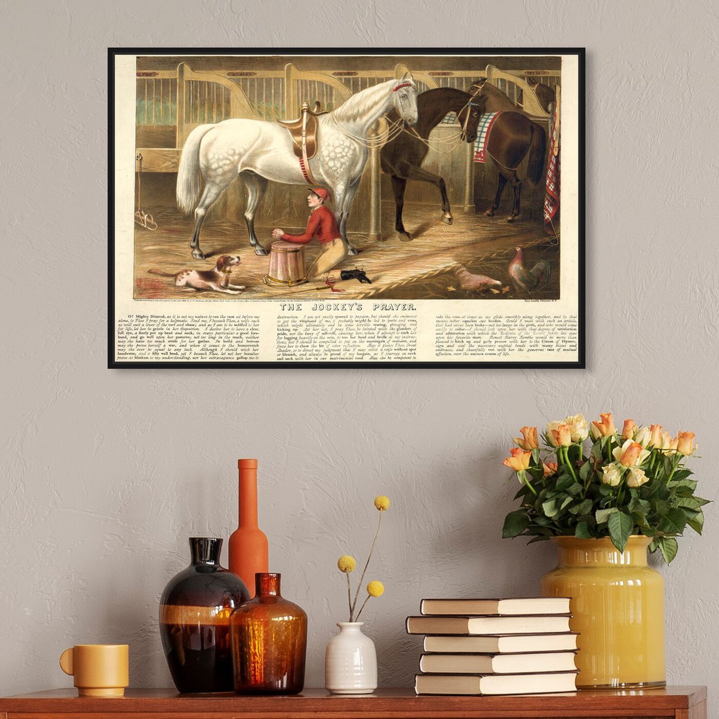 Hanging view of The Jockey's Prayer featuring animals and farm animals art.