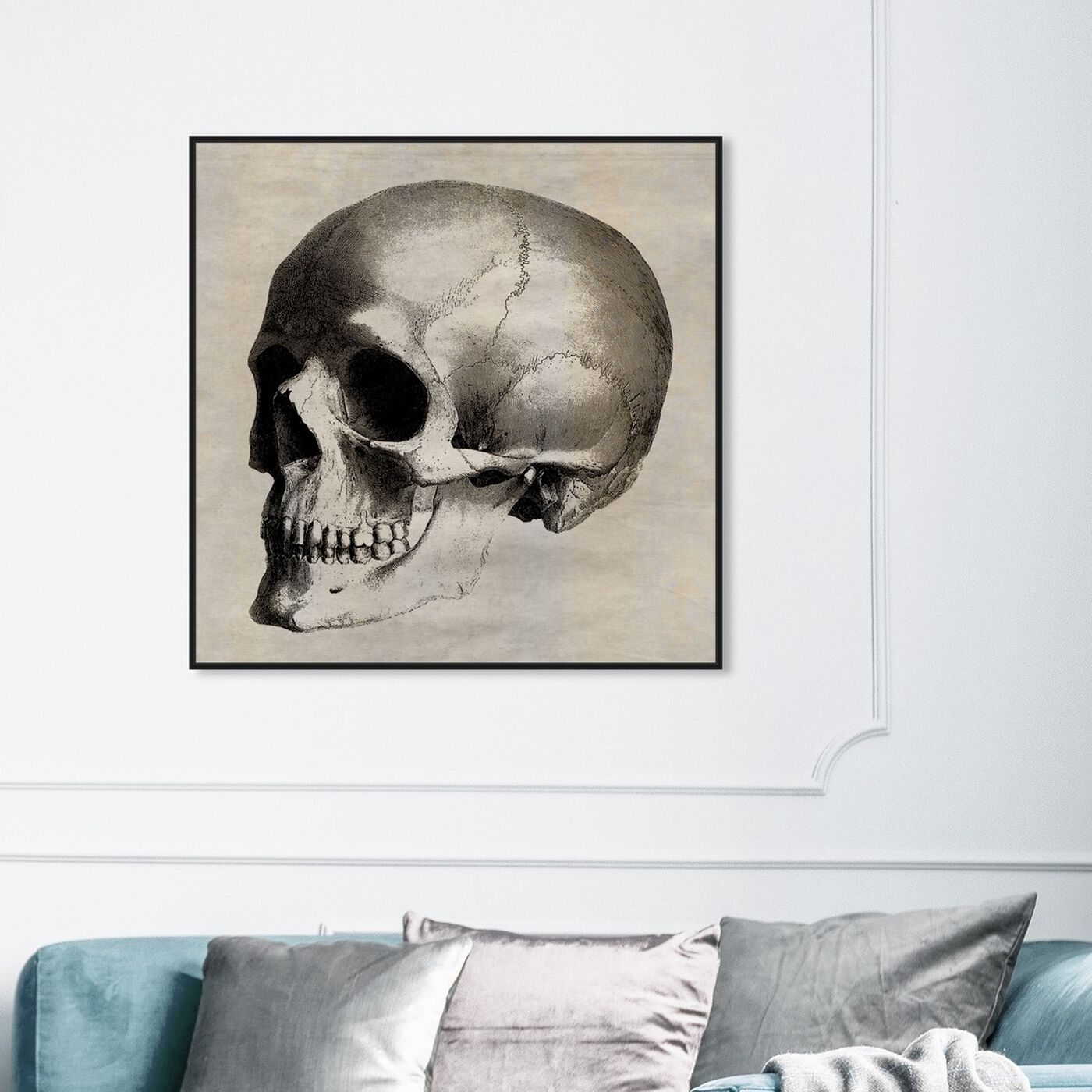Hanging view of Skull Side featuring symbols and objects and skull art.