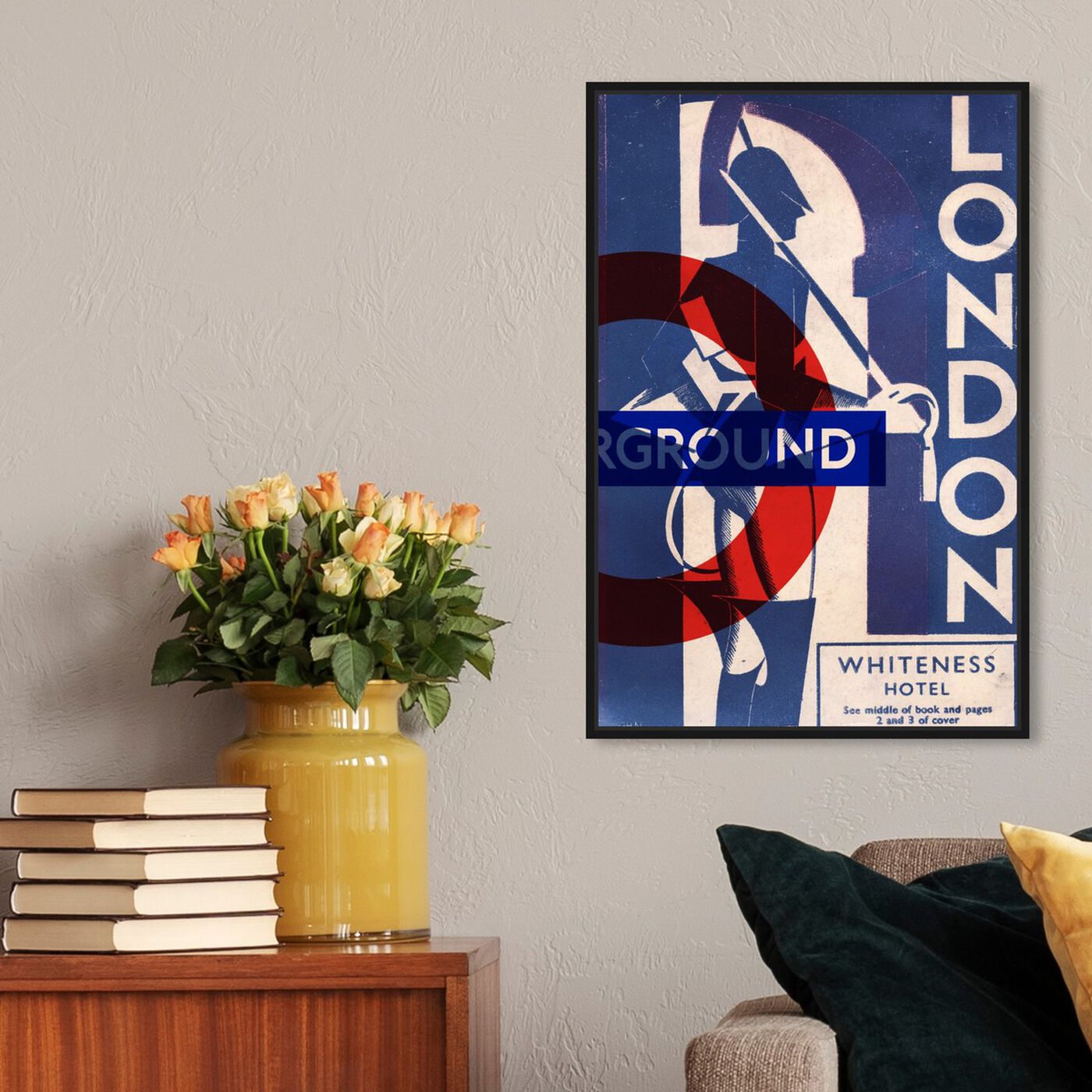 Hanging view of London Blues featuring advertising and posters art.