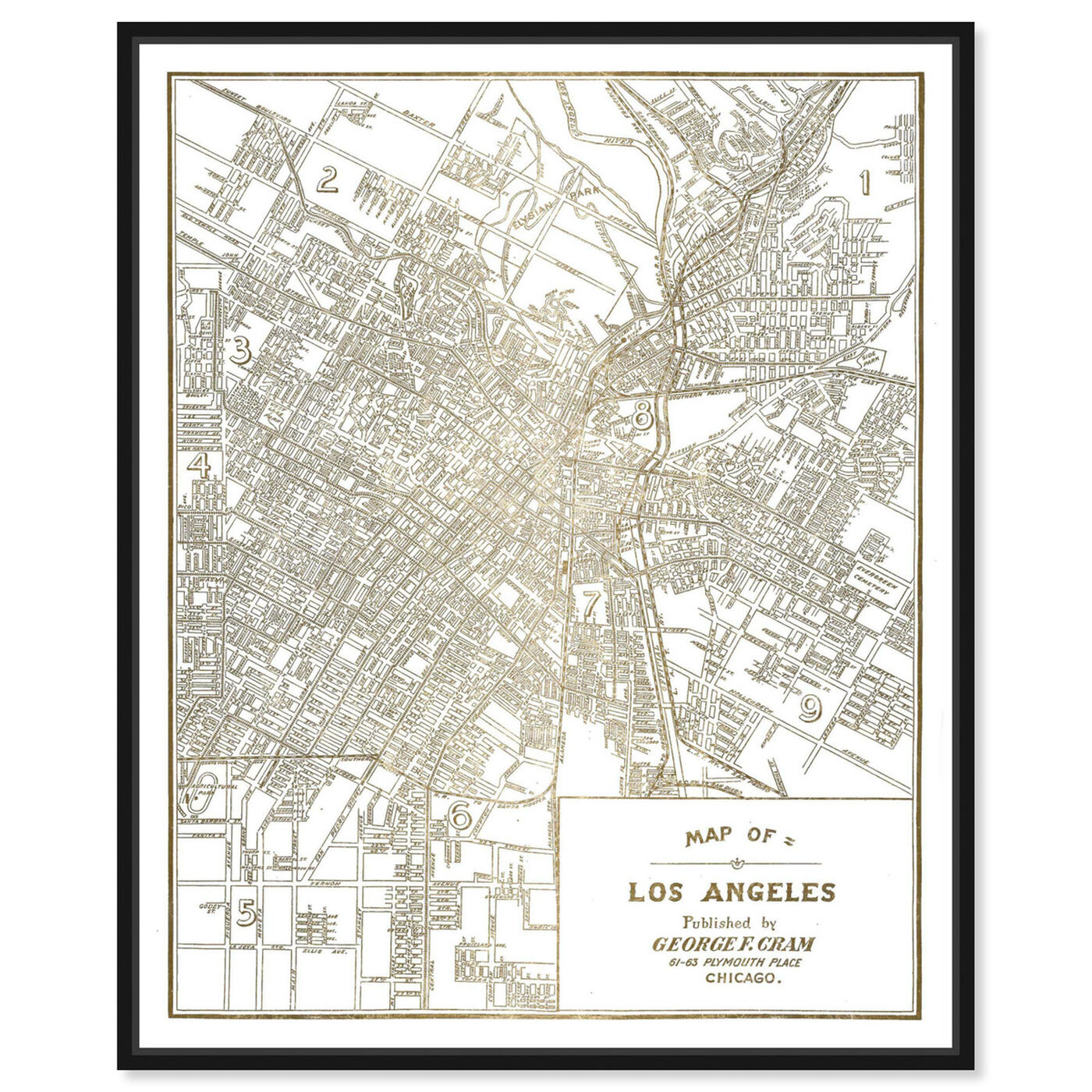 Front view of Los Angeles Map 1889- Gold Metallic featuring maps and flags and us cities maps art.