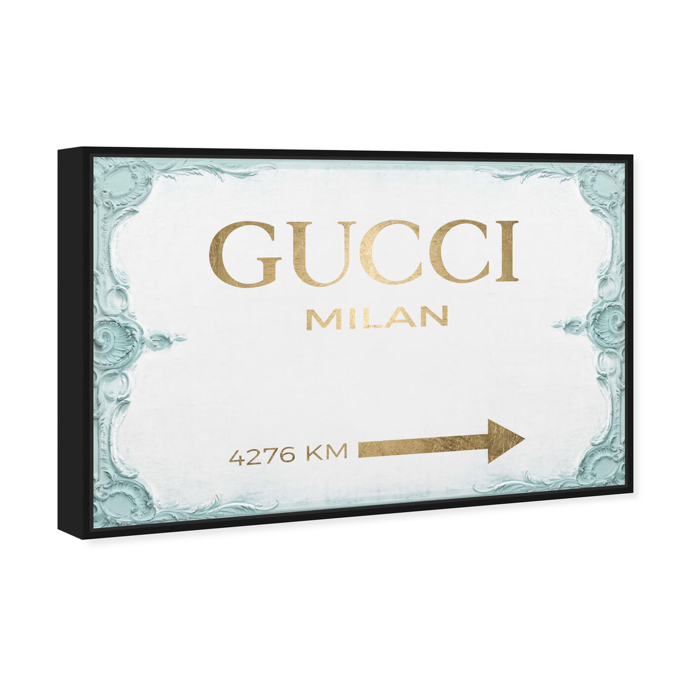 Angled view of Milan Sign Aqua featuring fashion and glam and road signs art.