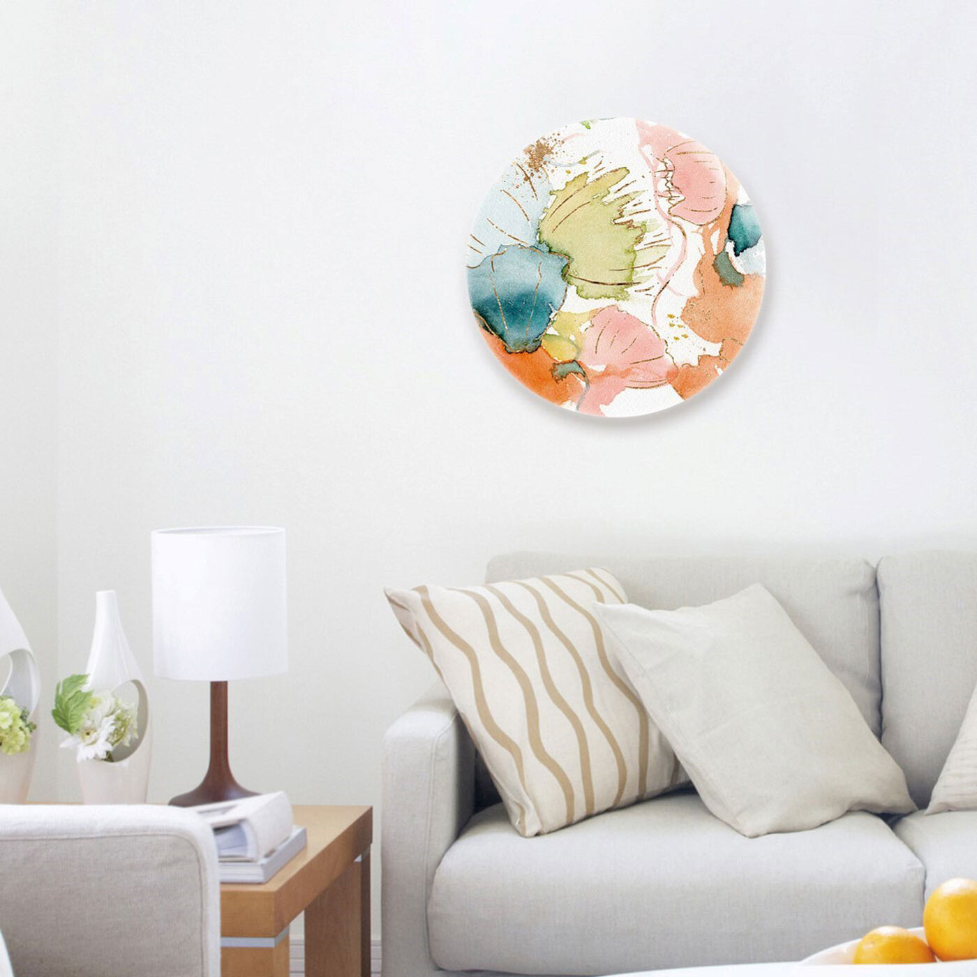 Hanging view of My Wild Garden Circle featuring abstract and watercolor art.