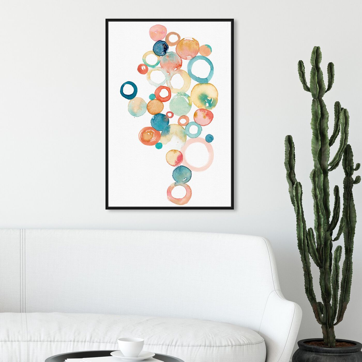 Hanging view of Serendipity featuring abstract and watercolor art.