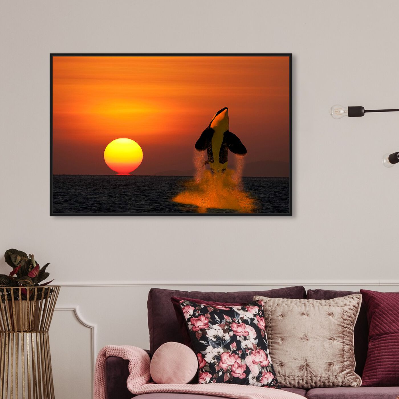 Hanging view of Breaching Orca by David Fleetham featuring nature and landscape and coastal landscapes art.