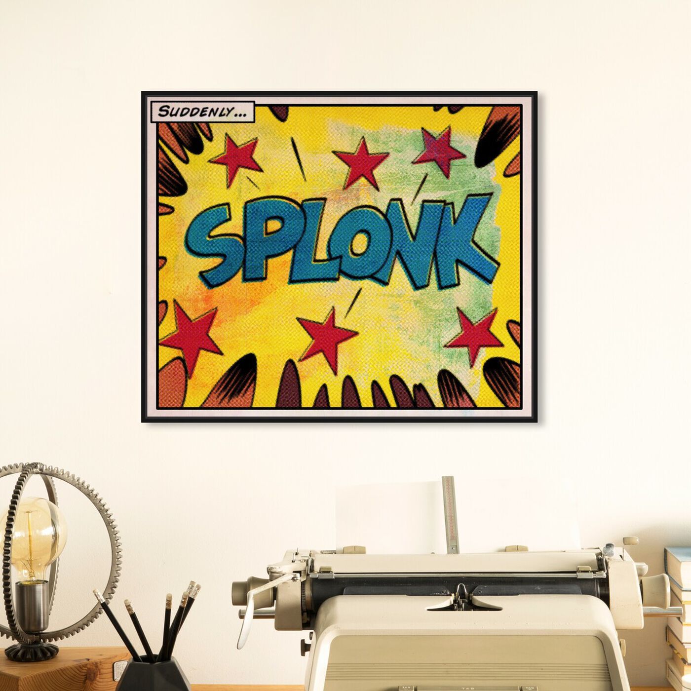 Hanging view of Splonk featuring advertising and comics art.