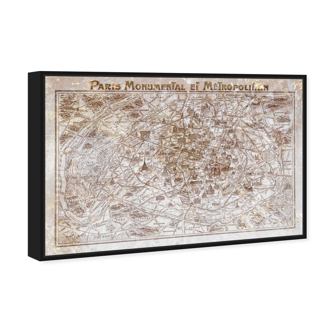 Angled view of Dusty Gold Paris Map featuring maps and flags and european cities flags art.