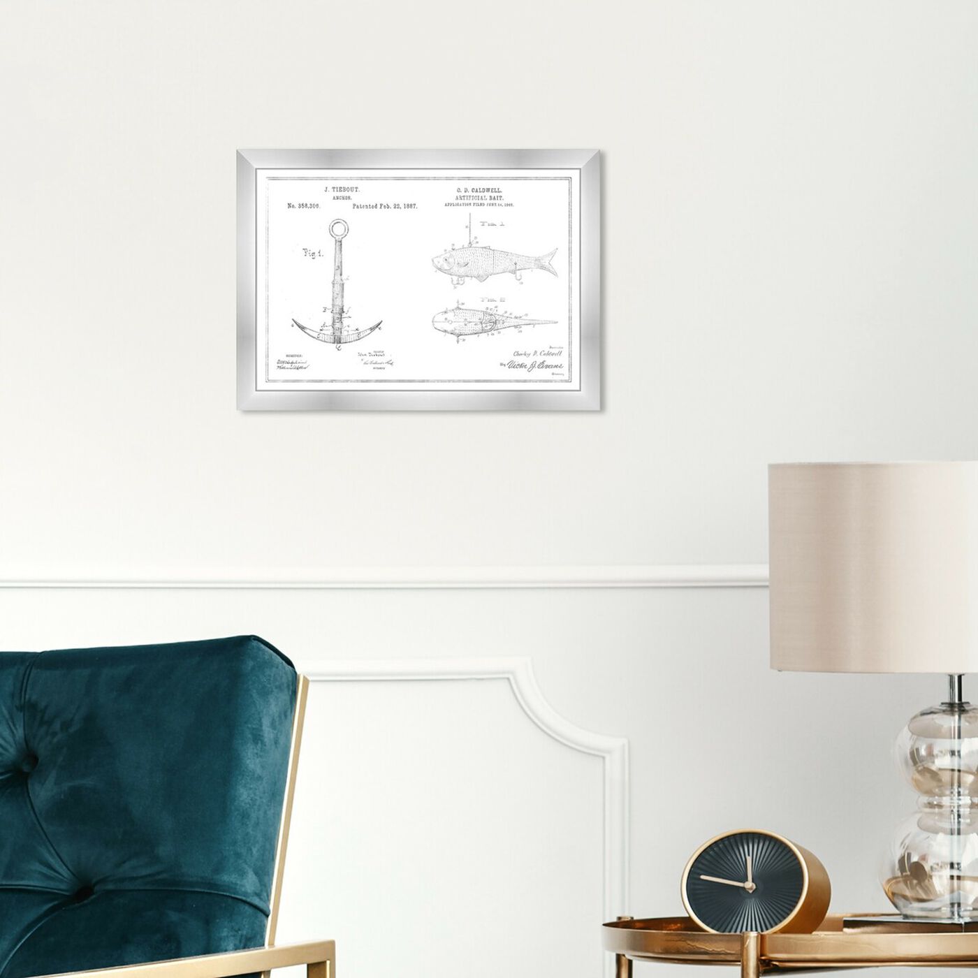 Hanging view of Anchor and Bait, Silver Foil featuring nautical and coastal and nautical watercrafts art.