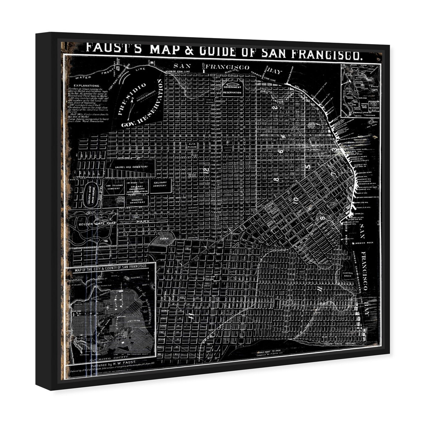 Angled view of Faust's Map of San Francisco 1882 featuring maps and flags and us cities maps art.