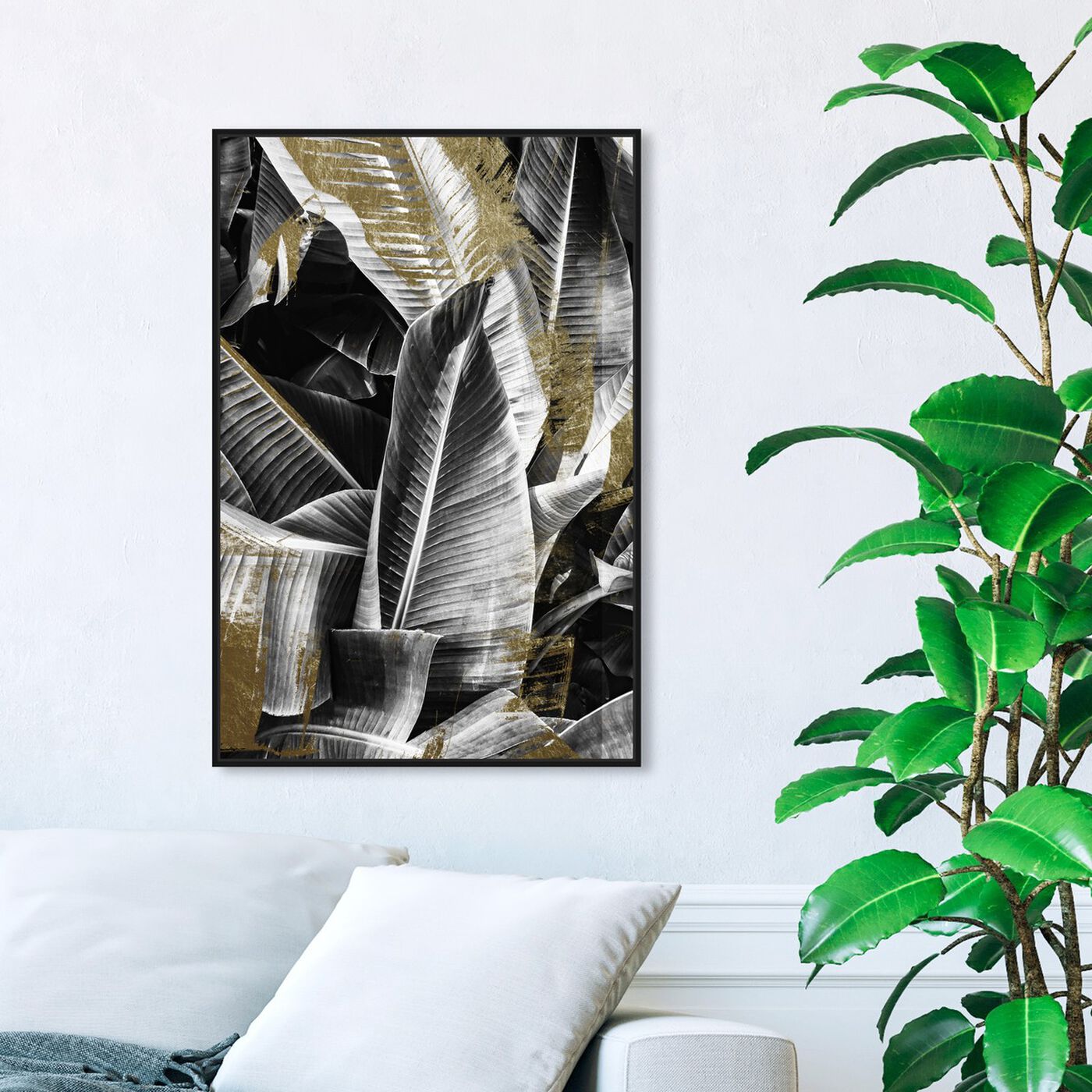Hanging view of Banana Leaf Night Gold featuring floral and botanical and botanicals art.