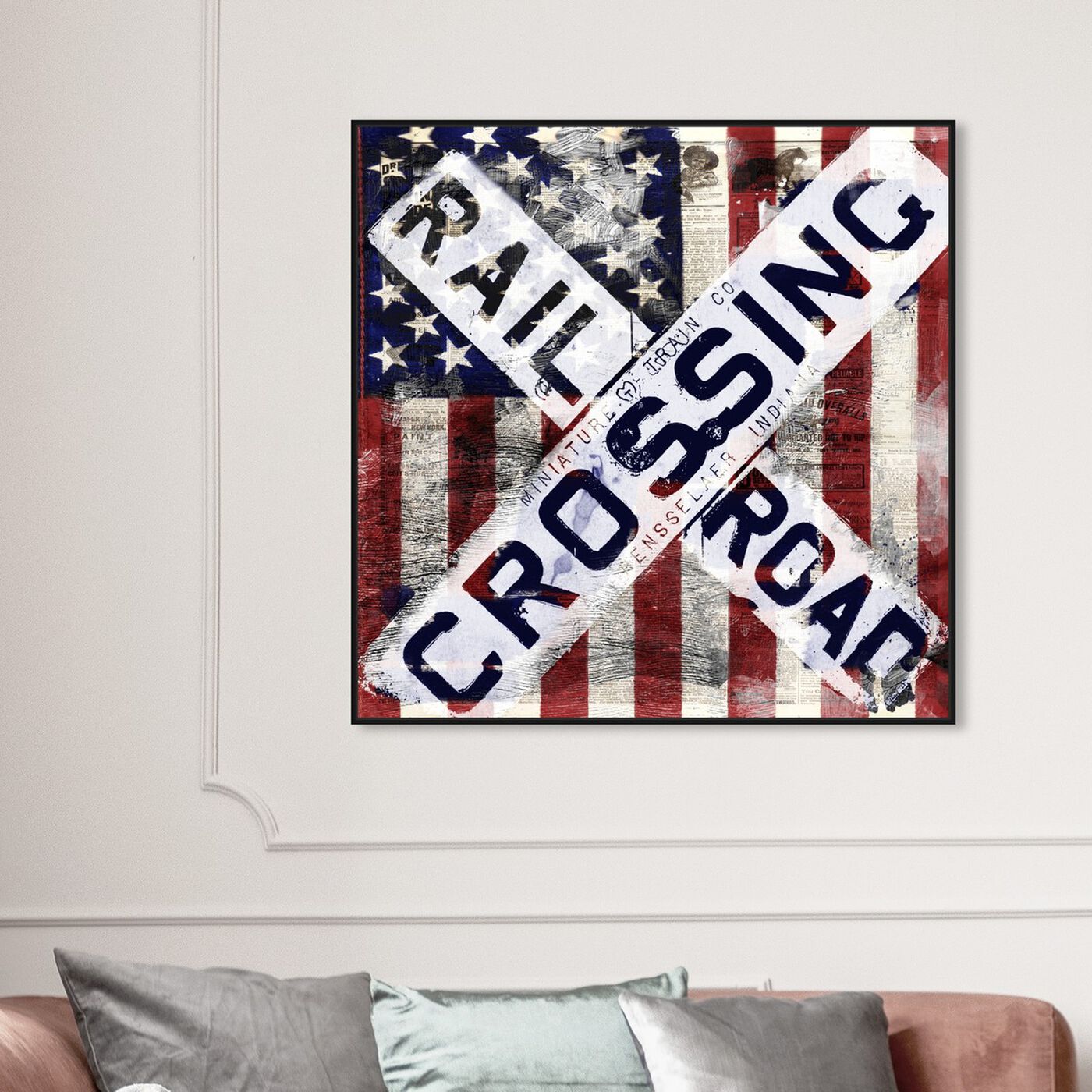 Hanging view of Railroad Crossing featuring americana and patriotic and us flags art.