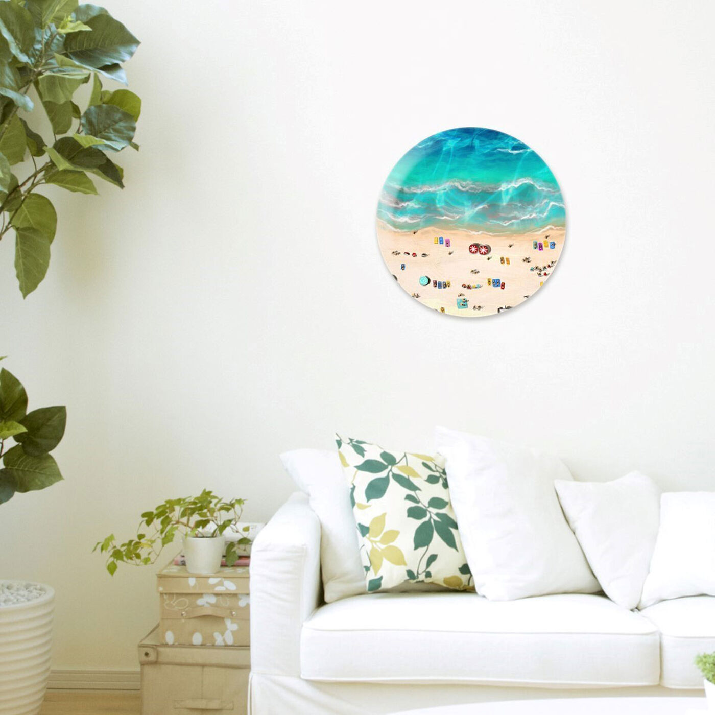 Hanging view of A Day at the Beach Round featuring nautical and coastal and coastal art.