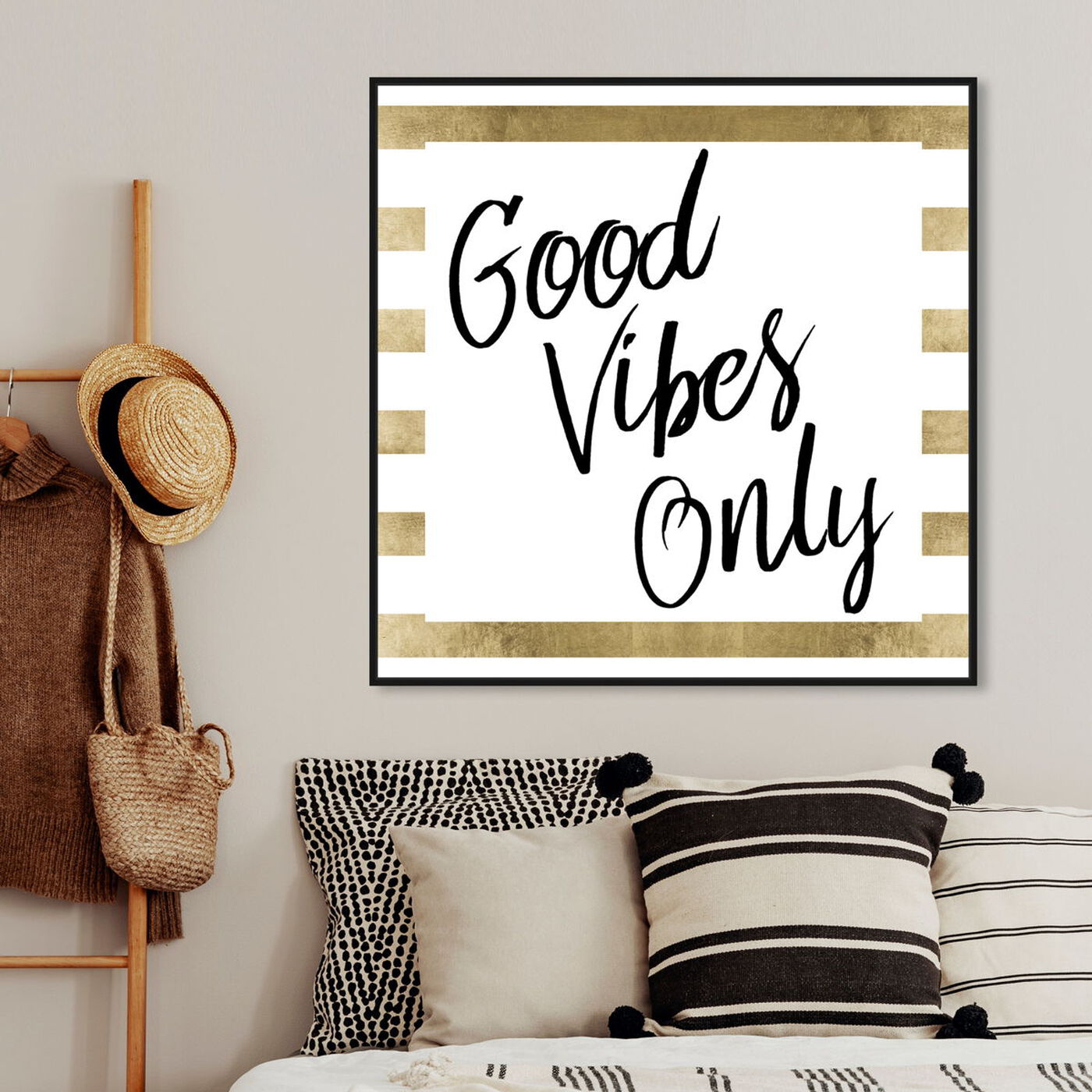 Hanging view of Good Vibes Only Gold featuring typography and quotes and inspirational quotes and sayings art.
