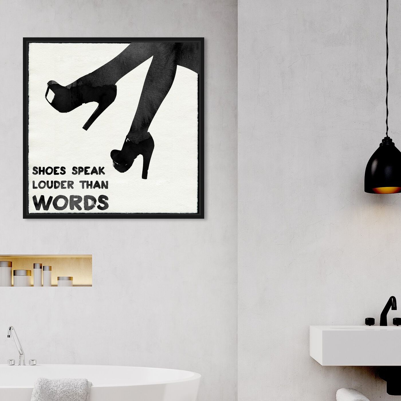 Hanging view of Shoes Speak I featuring fashion and glam and shoes art.