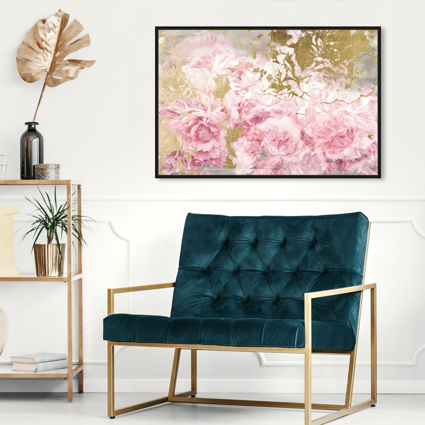 Hanging view of Pink and Gold Camellias featuring floral and botanical and florals art.