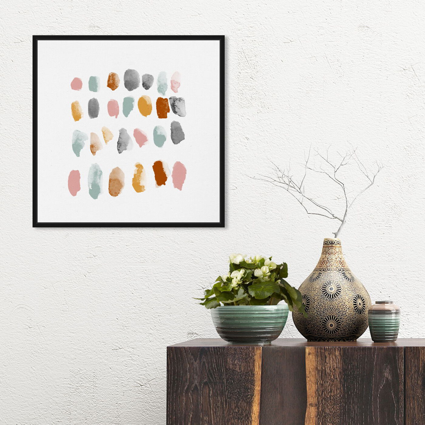 Hanging view of Mid Century Drops featuring abstract and paint art.