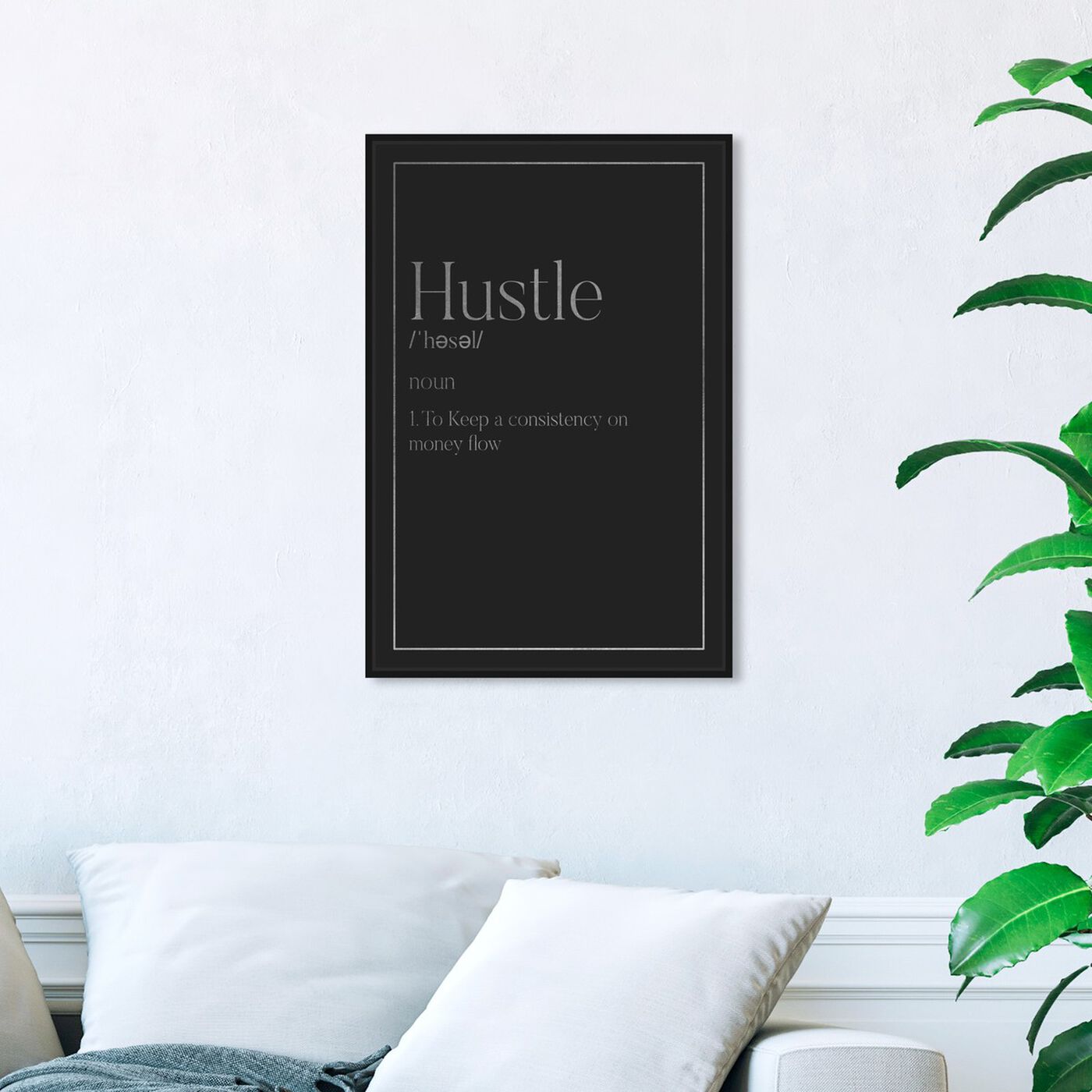 Hanging view of Hustle Typography I SILVER featuring typography and quotes and motivational quotes and sayings art.