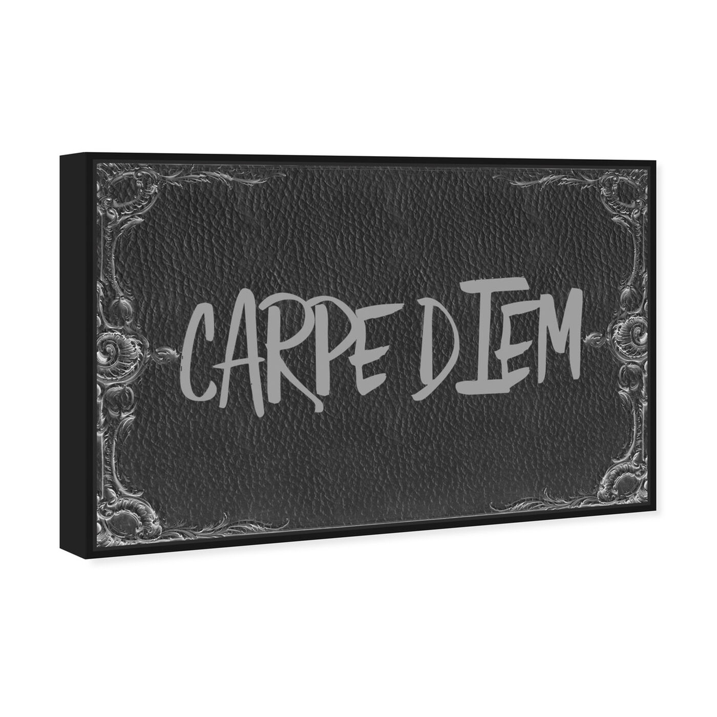 Angled view of Carpe Diem Leather featuring typography and quotes and quotes and sayings art.