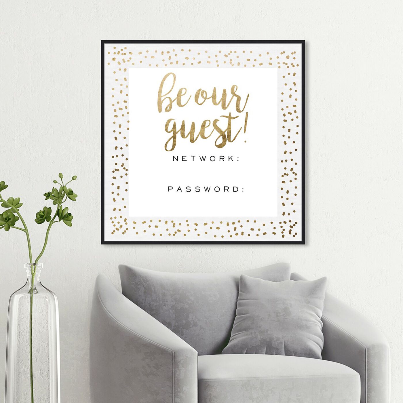 Hanging view of Be Our Guest Wifi Gold Confetti featuring typography and quotes and family quotes and sayings art.