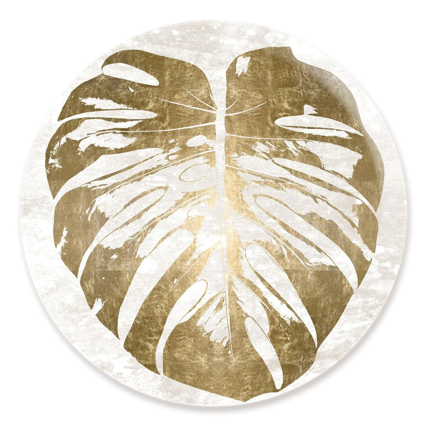 Front view of Monstera Leaf Gold Round featuring floral and botanical and botanicals art.
