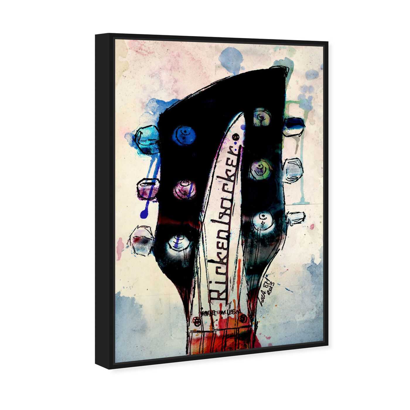 Angled view of Rickenbacker Headstock featuring music and dance and music instruments art.