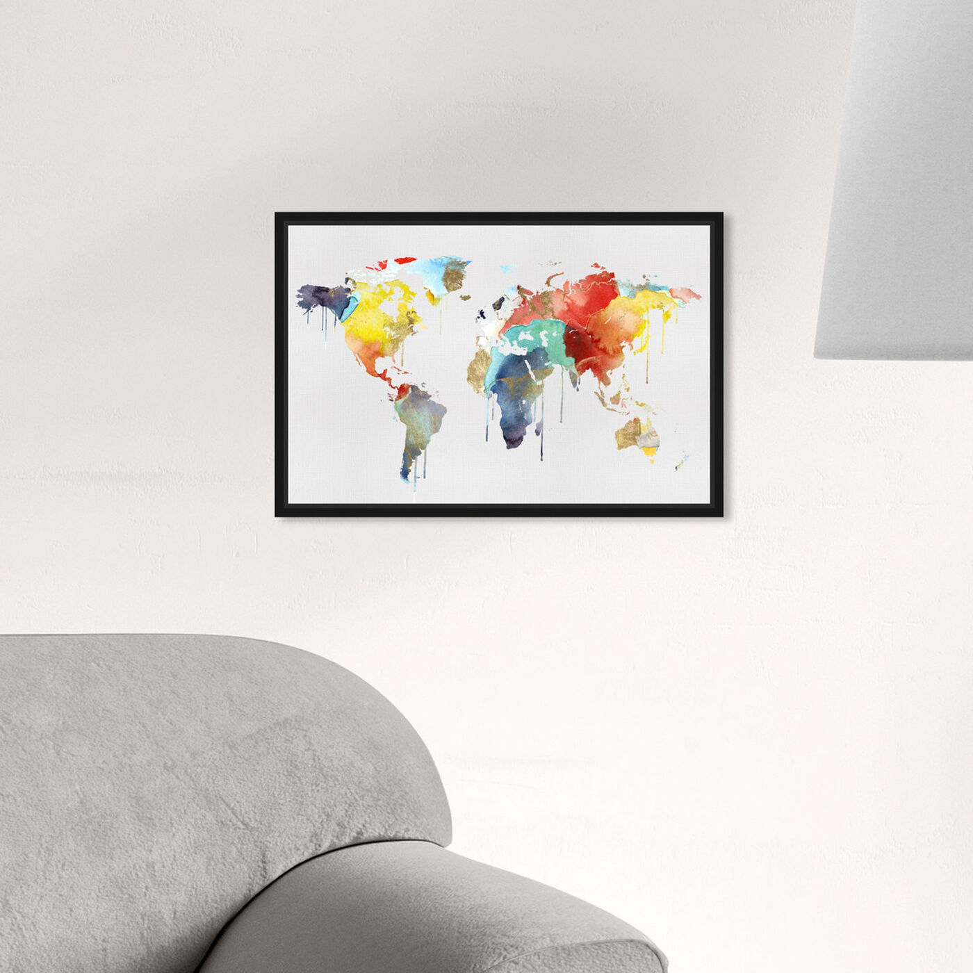 Hanging view of Mapamundi Watercolor featuring maps and flags and world maps art.