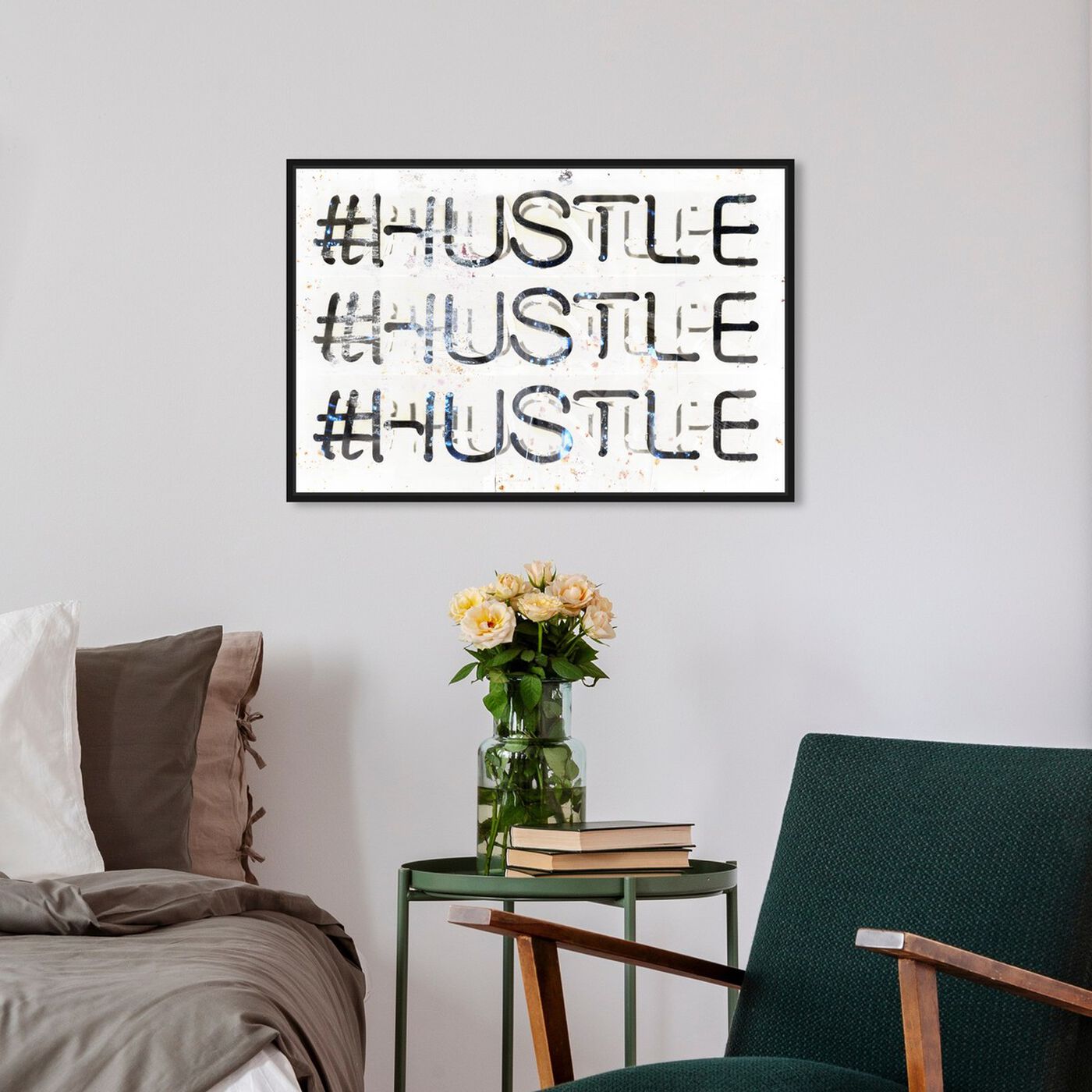 Hanging view of HUSTLE featuring typography and quotes and inspirational quotes and sayings art.