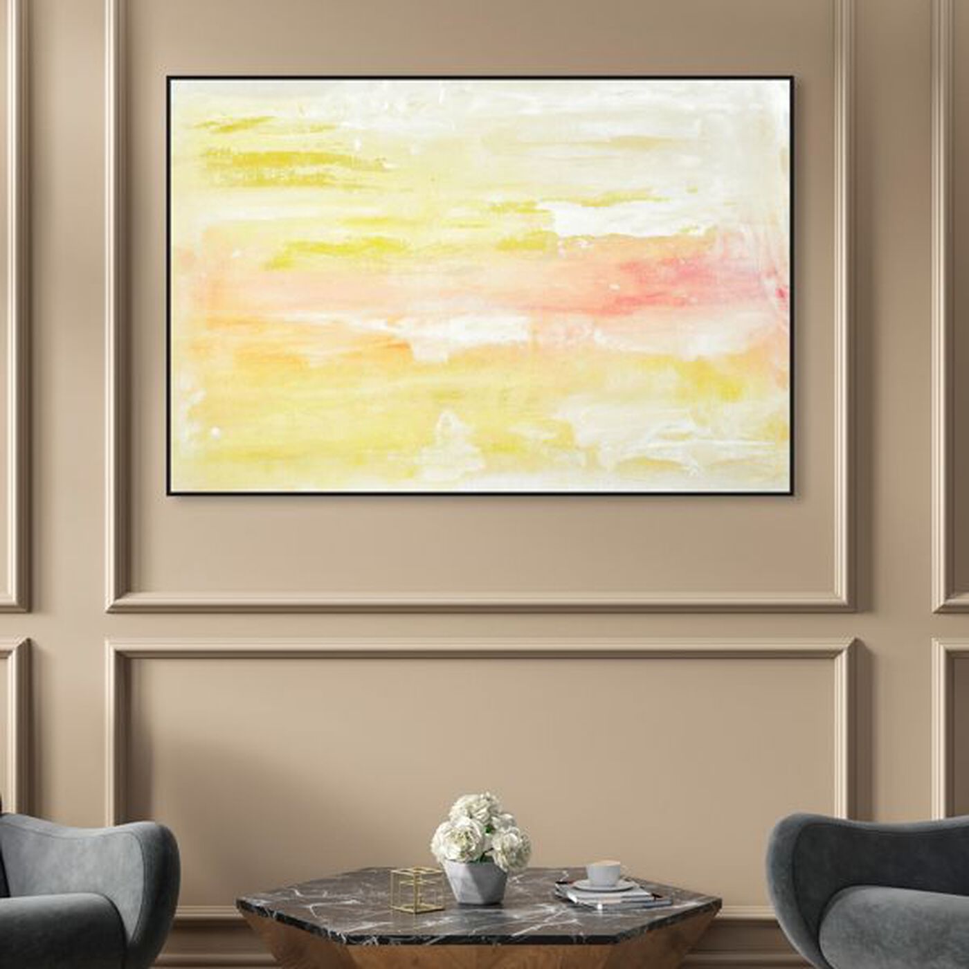 Hanging view of Peaceful Sunset featuring abstract and paint art.