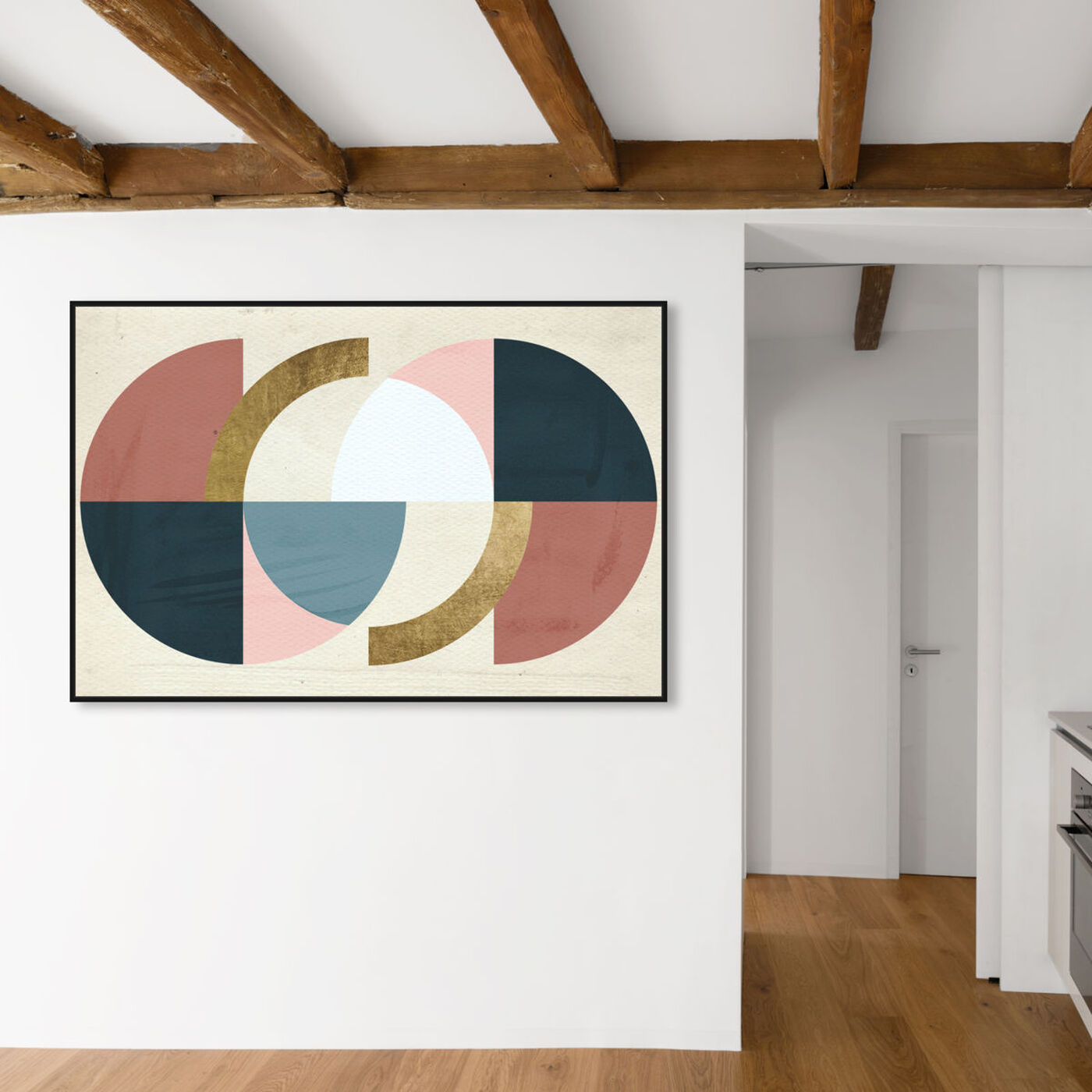 Hanging view of Rotating Puzzle Spheres Gold featuring abstract and geometric art.