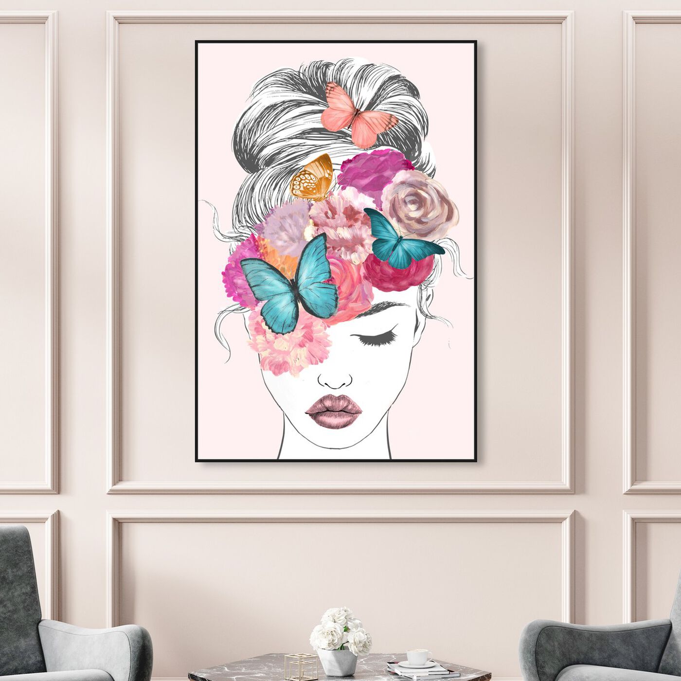 Hanging view of Butterflies in My Head featuring fashion and glam and portraits art.
