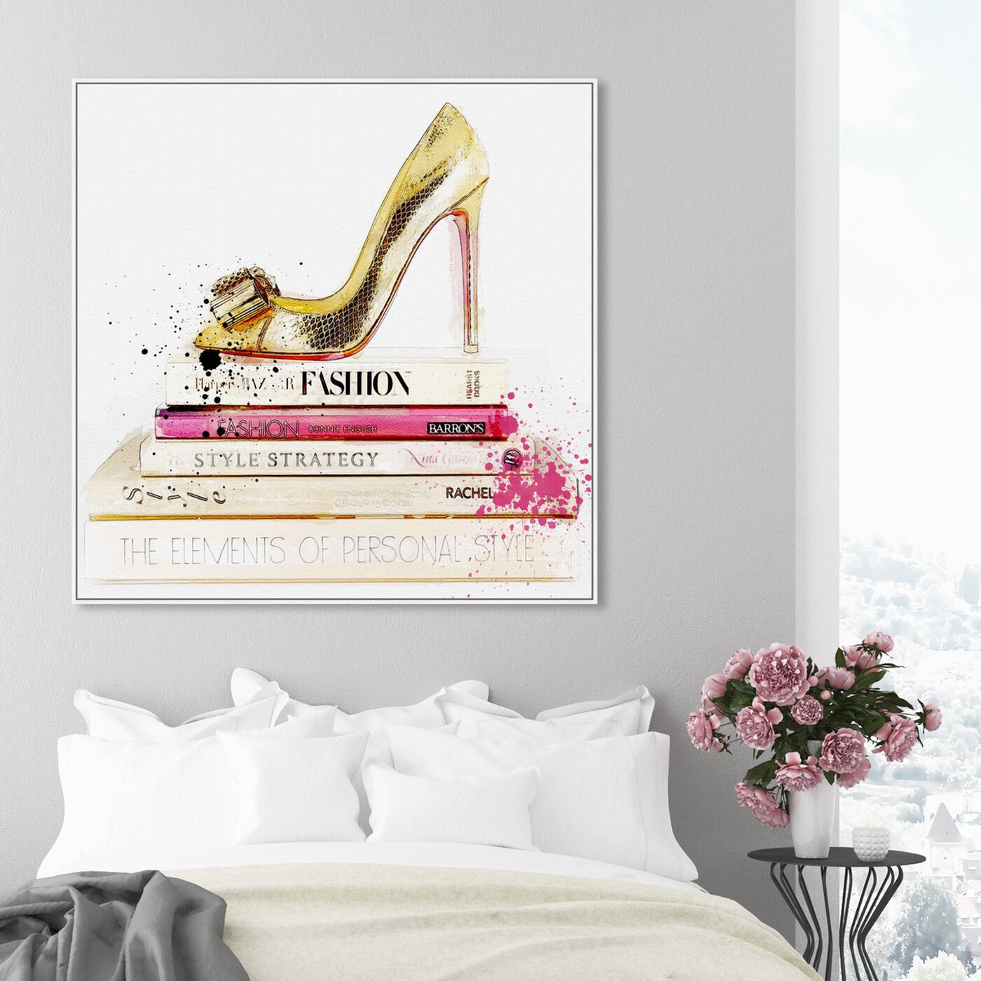 Hanging view of Gold Shoe and Fashion Books featuring fashion and glam and shoes art.
