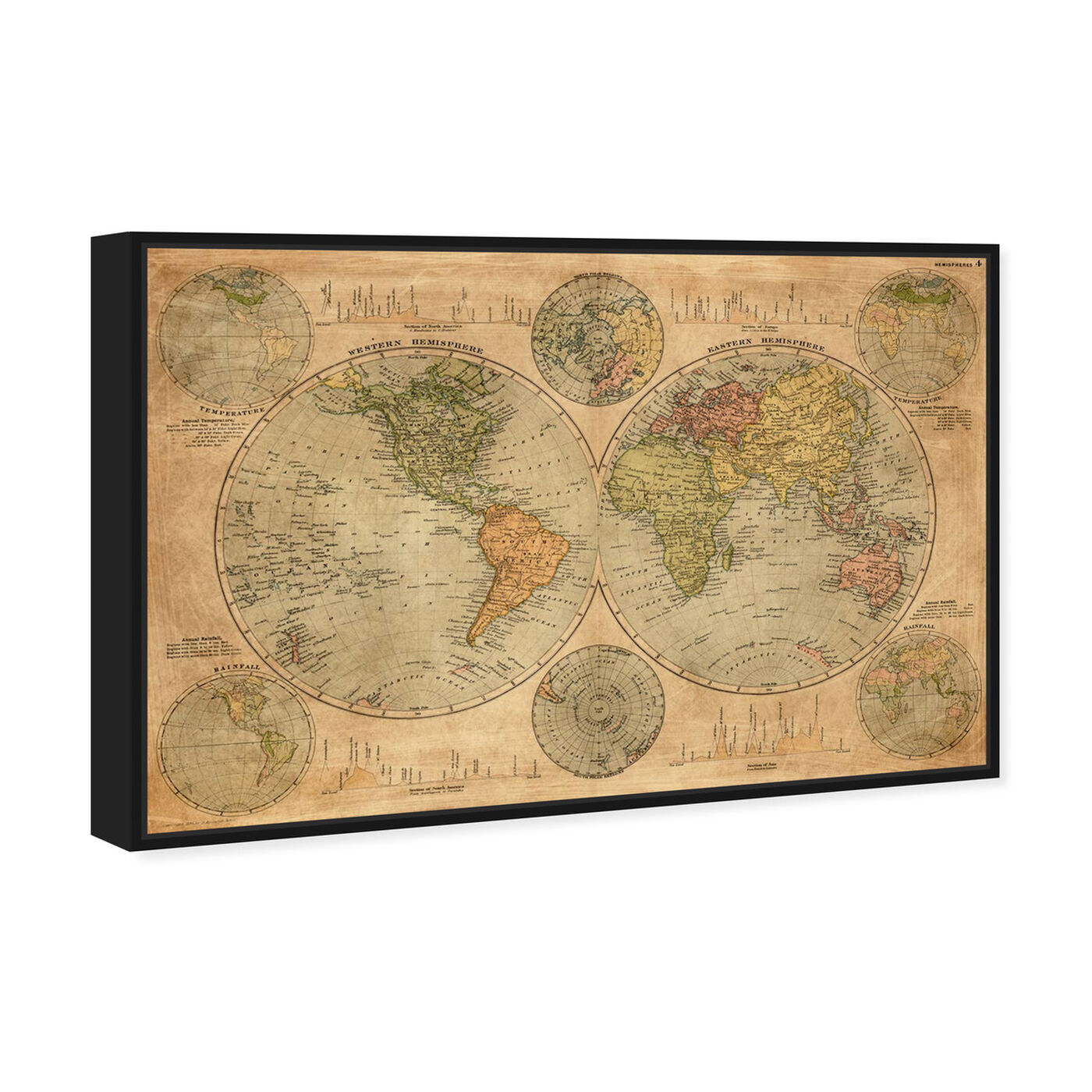 Angled view of Hemispheres Map 1891 featuring maps and flags and world maps art.