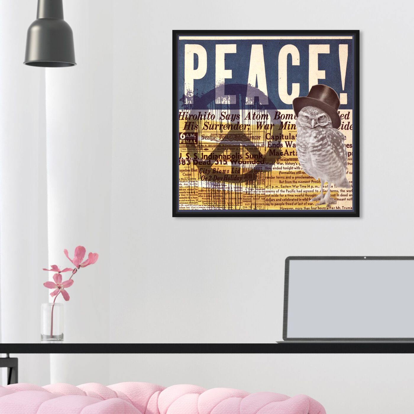 Hanging view of Peace! featuring advertising and posters art.