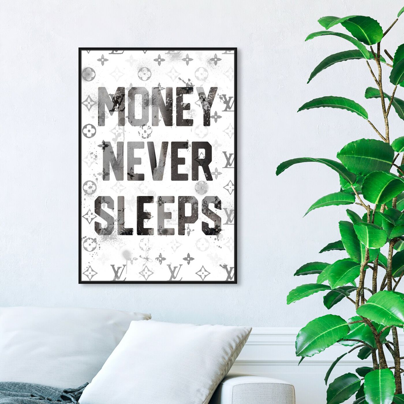 Hanging view of Money Never Sleeps featuring typography and quotes and motivational quotes and sayings art.