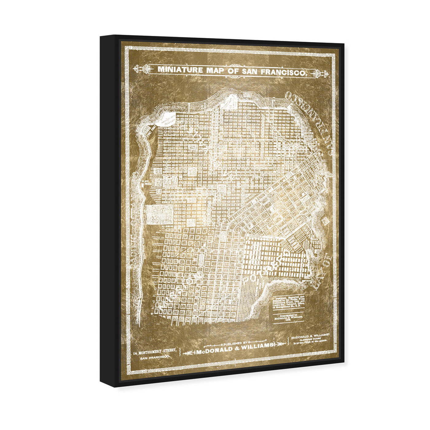 Angled view of San Francisco Map White and Gold featuring maps and flags and us cities maps art.