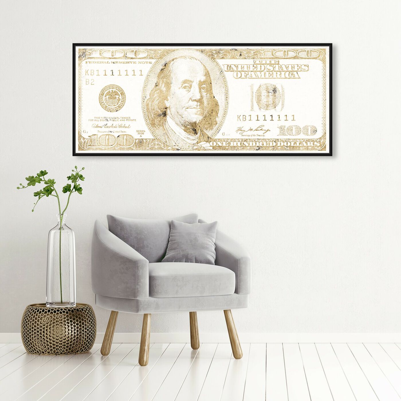 Hanging view of Dollar Dollar Bill featuring success and entrepreneurial and money art.