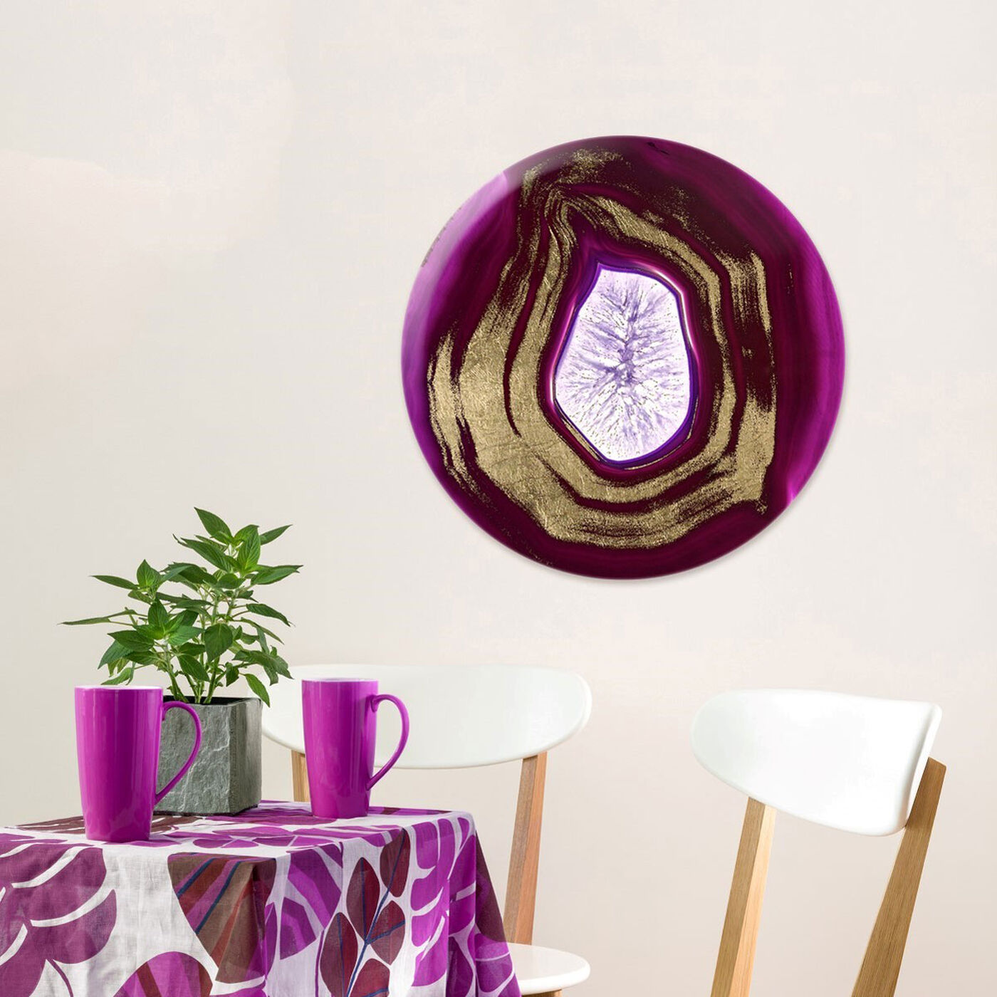 Hanging view of Pinklove Geo Round featuring abstract and crystals art.