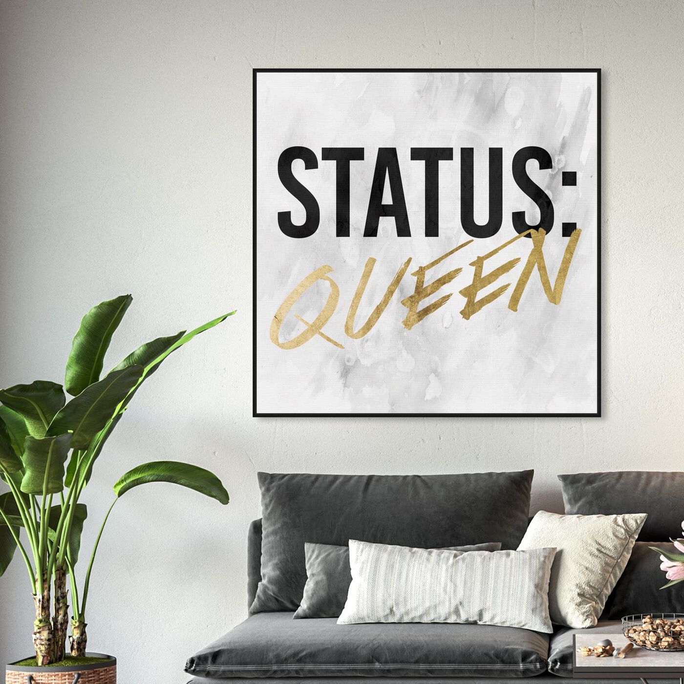 Hanging view of Status Queen Gold featuring typography and quotes and empowered women quotes and sayings art.