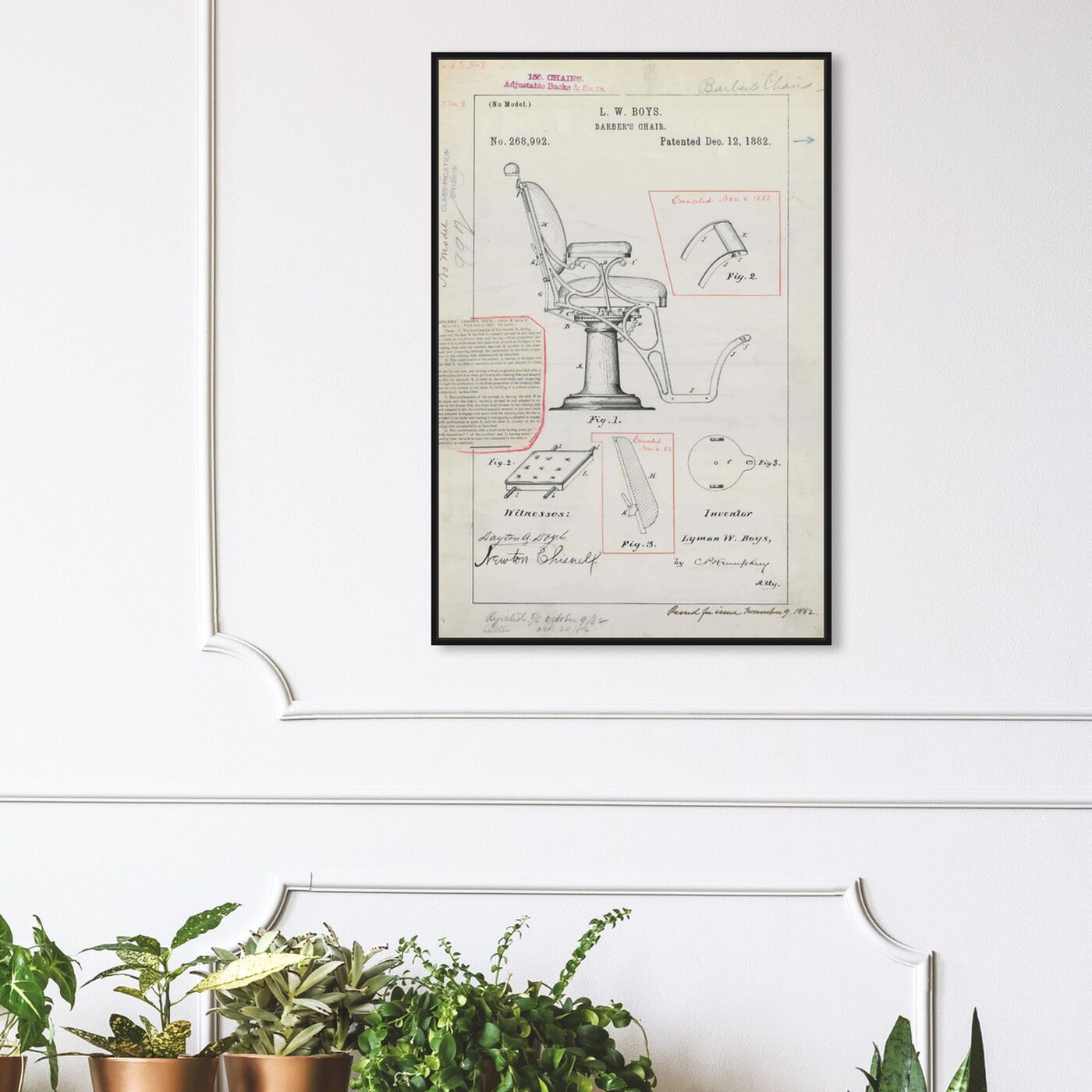 Hanging view of Barber Chair Patent 1882 featuring bath and laundry and barber art.