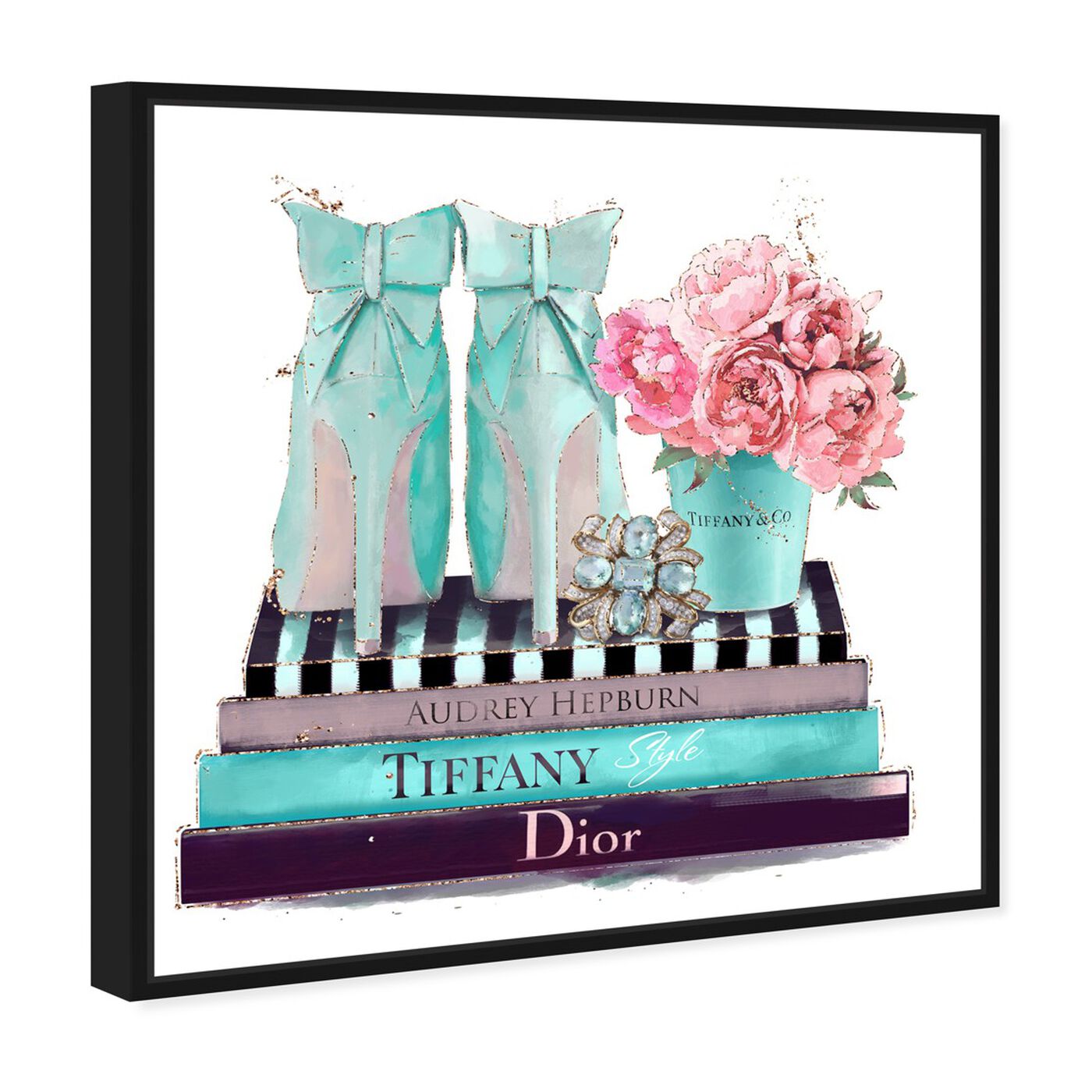 Angled view of Modestly Aquamarine Display featuring fashion and glam and shoes art.