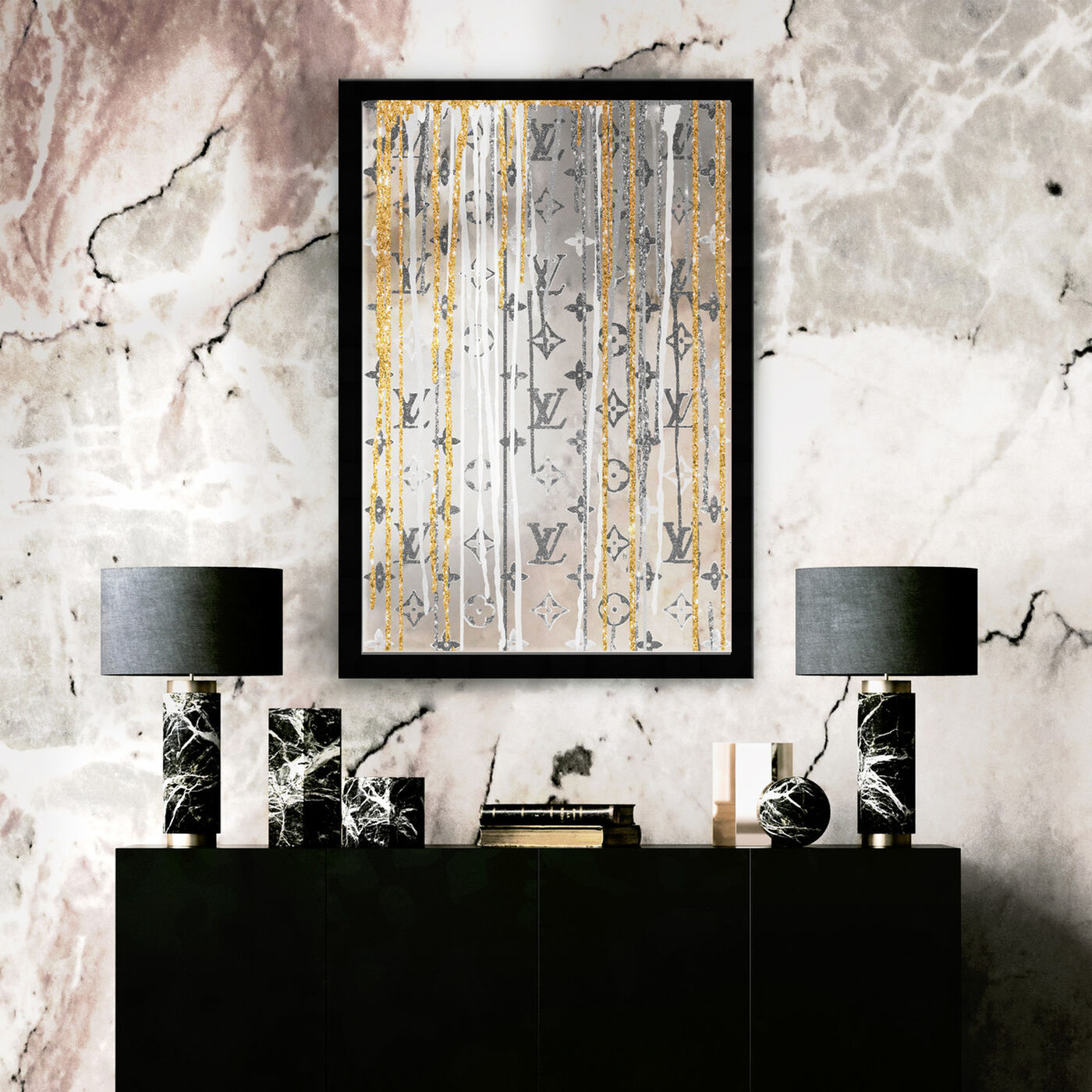 Hanging view of Luxury Drips Black and White Mirror featuring fashion and glam and lifestyle art.